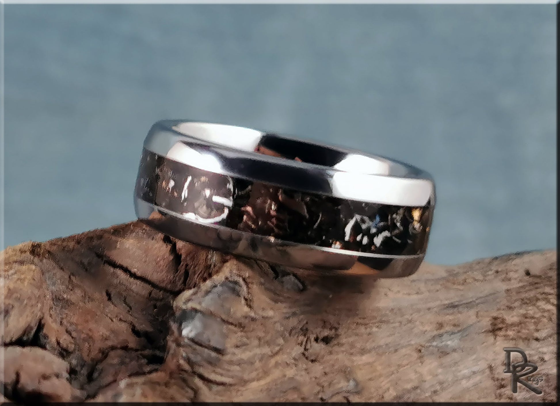 Domed Edge Tungsten Carbide Ring w/Aletai Meteorite inlay - metal ring