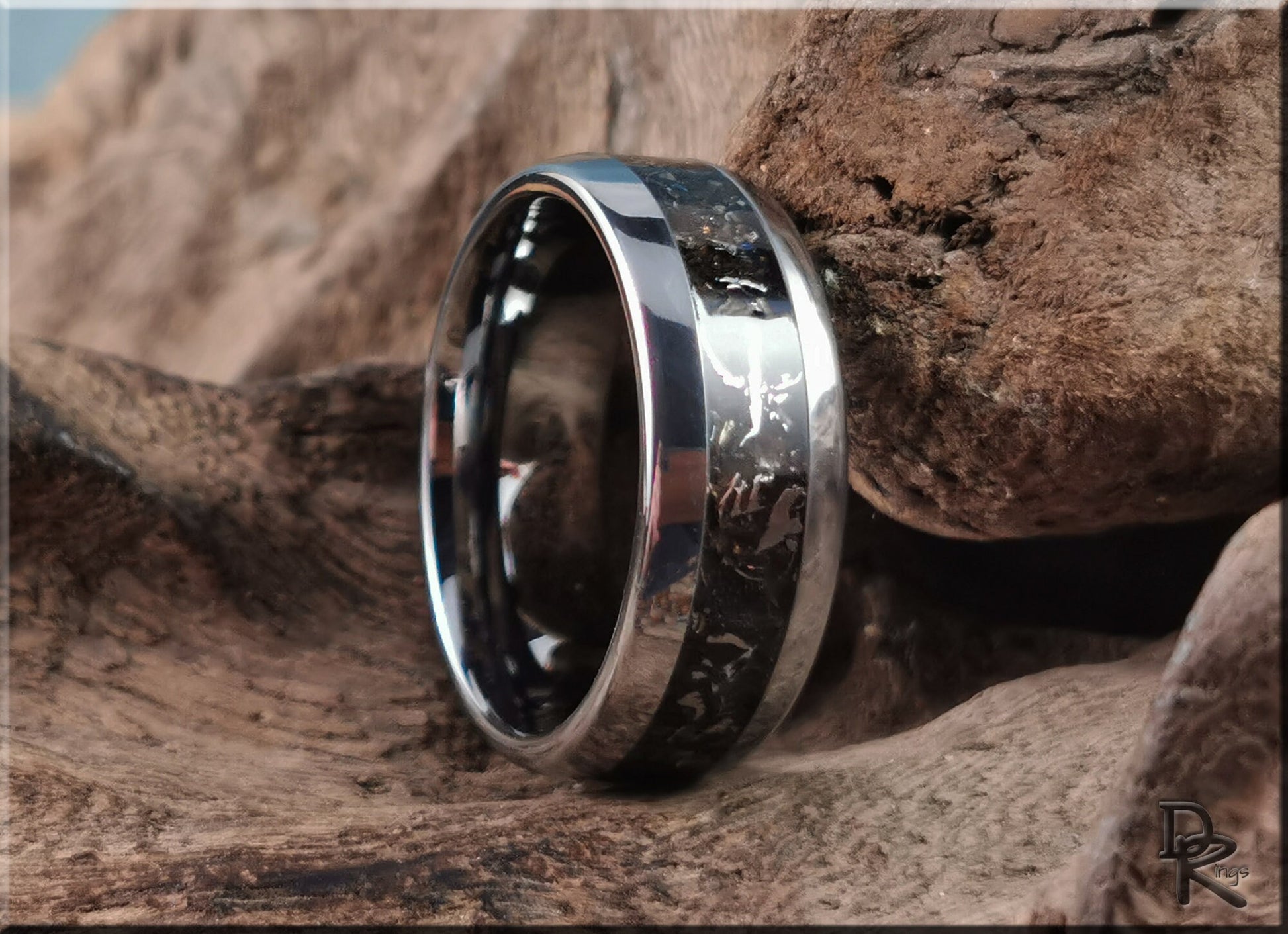 Domed Edge Tungsten Carbide Ring w/Aletai Meteorite inlay - metal ring