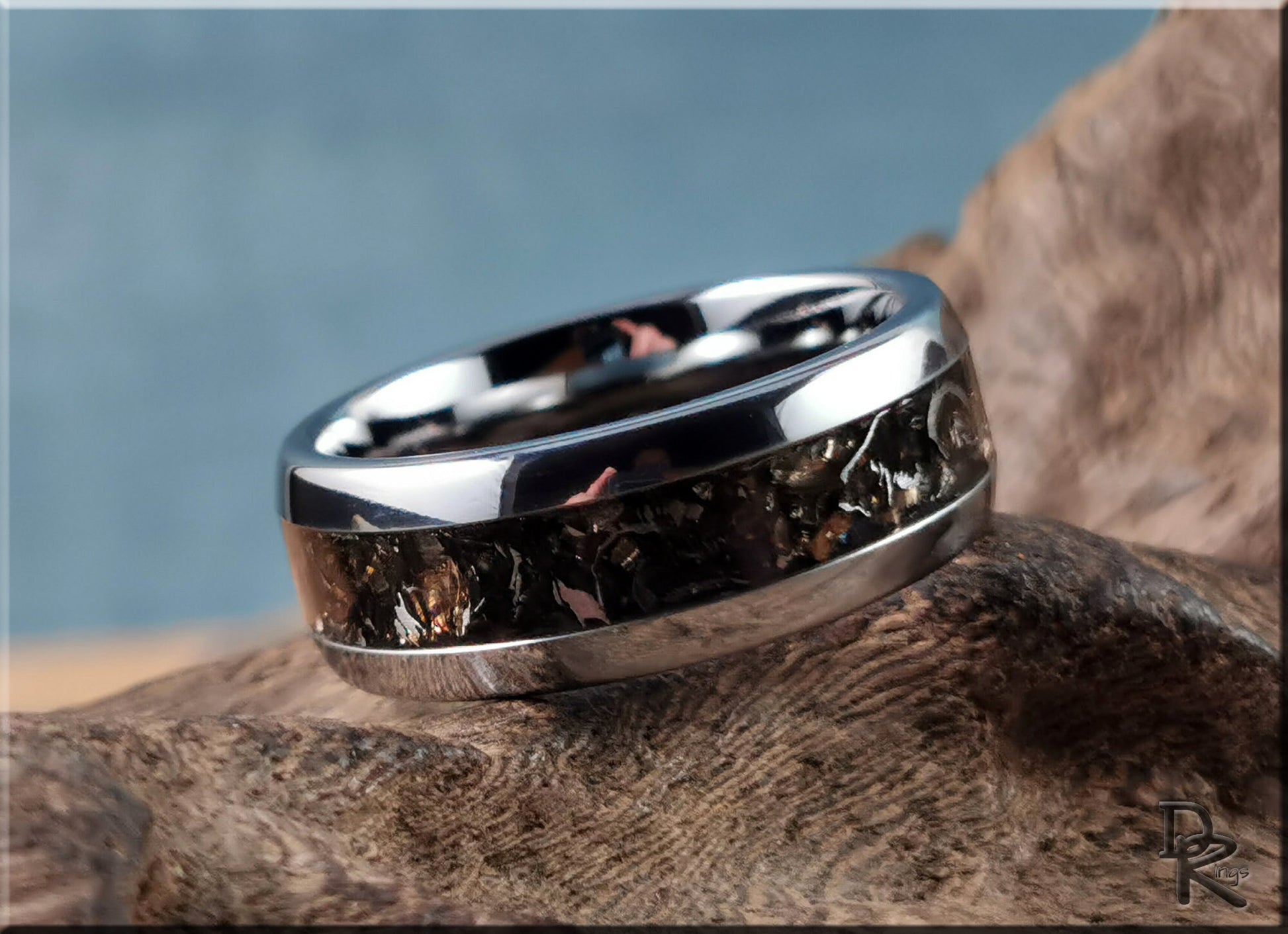 Domed Edge Tungsten Carbide Ring w/Aletai Meteorite inlay - metal ring