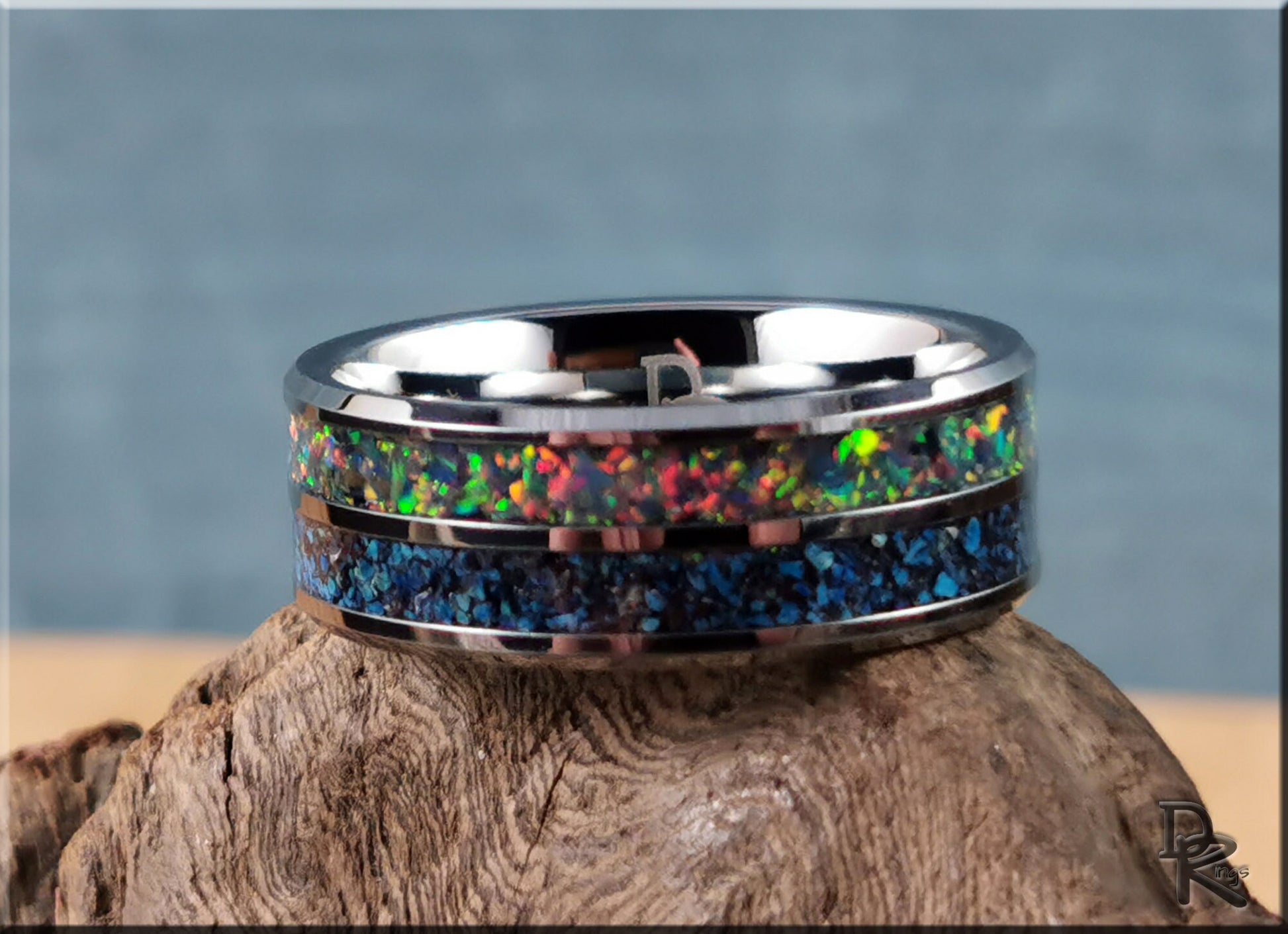 Dual Channel Tungsten Carbide Ring w/Shattuckite and Opal inlays - metal ring