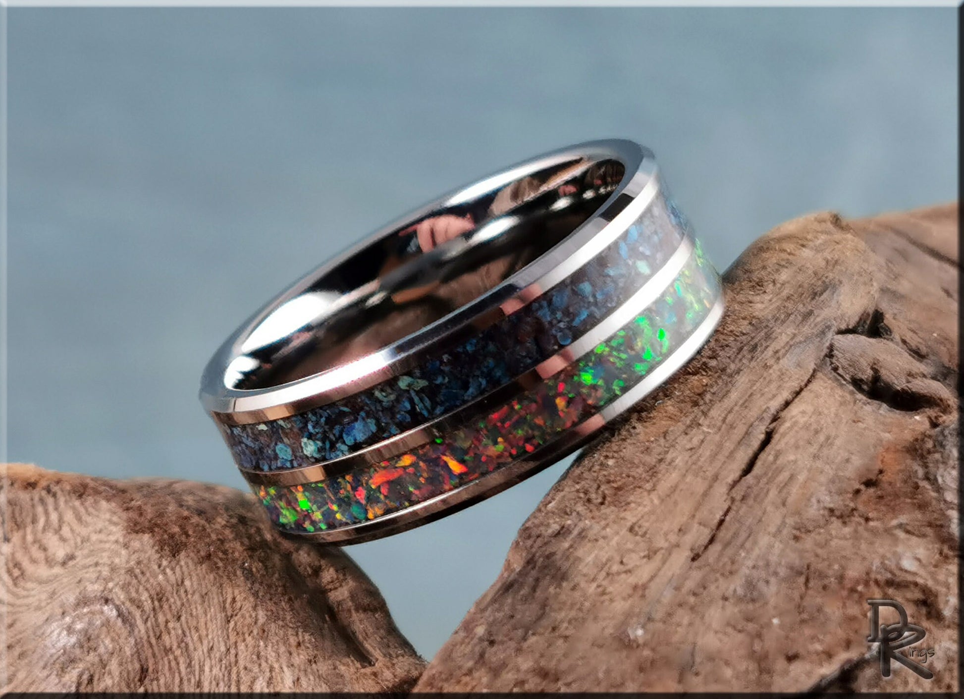 Dual Channel Tungsten Carbide Ring w/Shattuckite and Opal inlays - metal ring