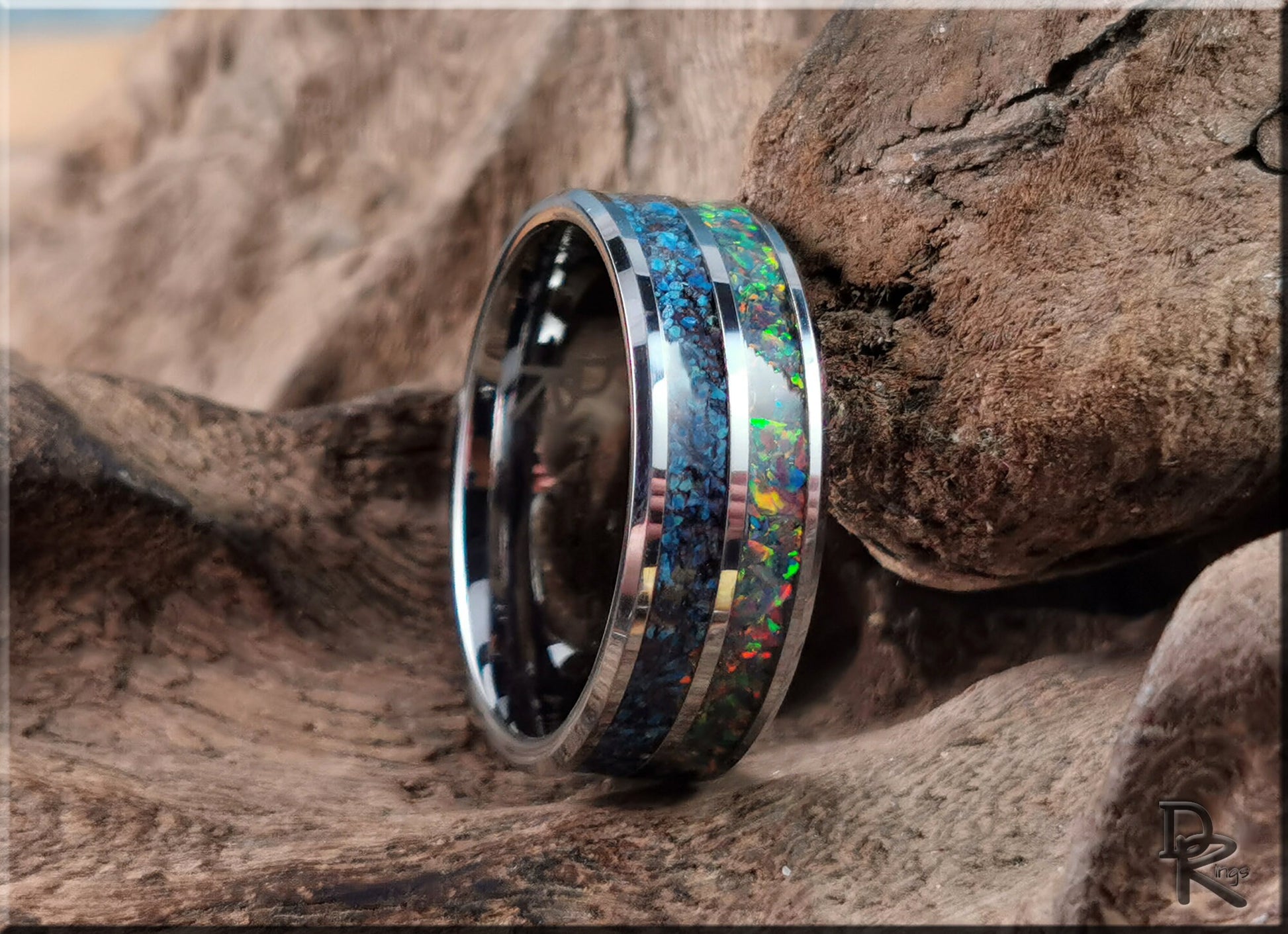 Dual Channel Tungsten Carbide Ring w/Shattuckite and Opal inlays - metal ring