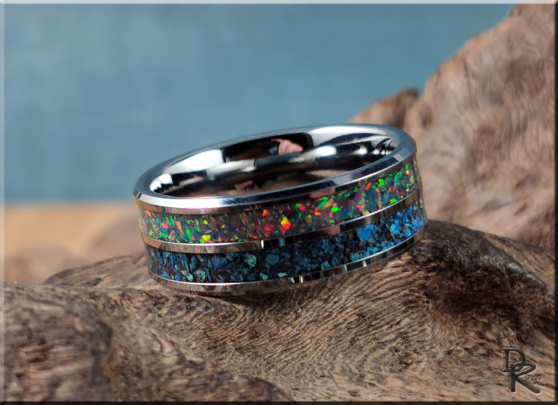 Dual Channel Tungsten Carbide Ring w/Shattuckite and Opal inlays - metal ring