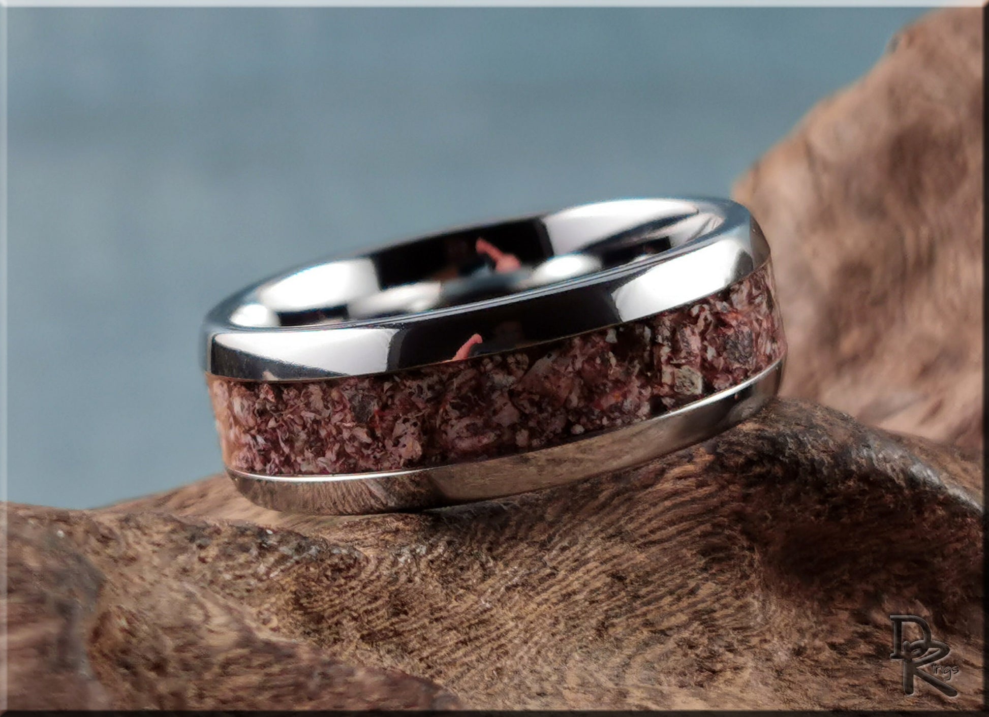 Domed Edge Tungsten Carbide Ring w/Fossilised Brontotherium Bone inlay - metal ring