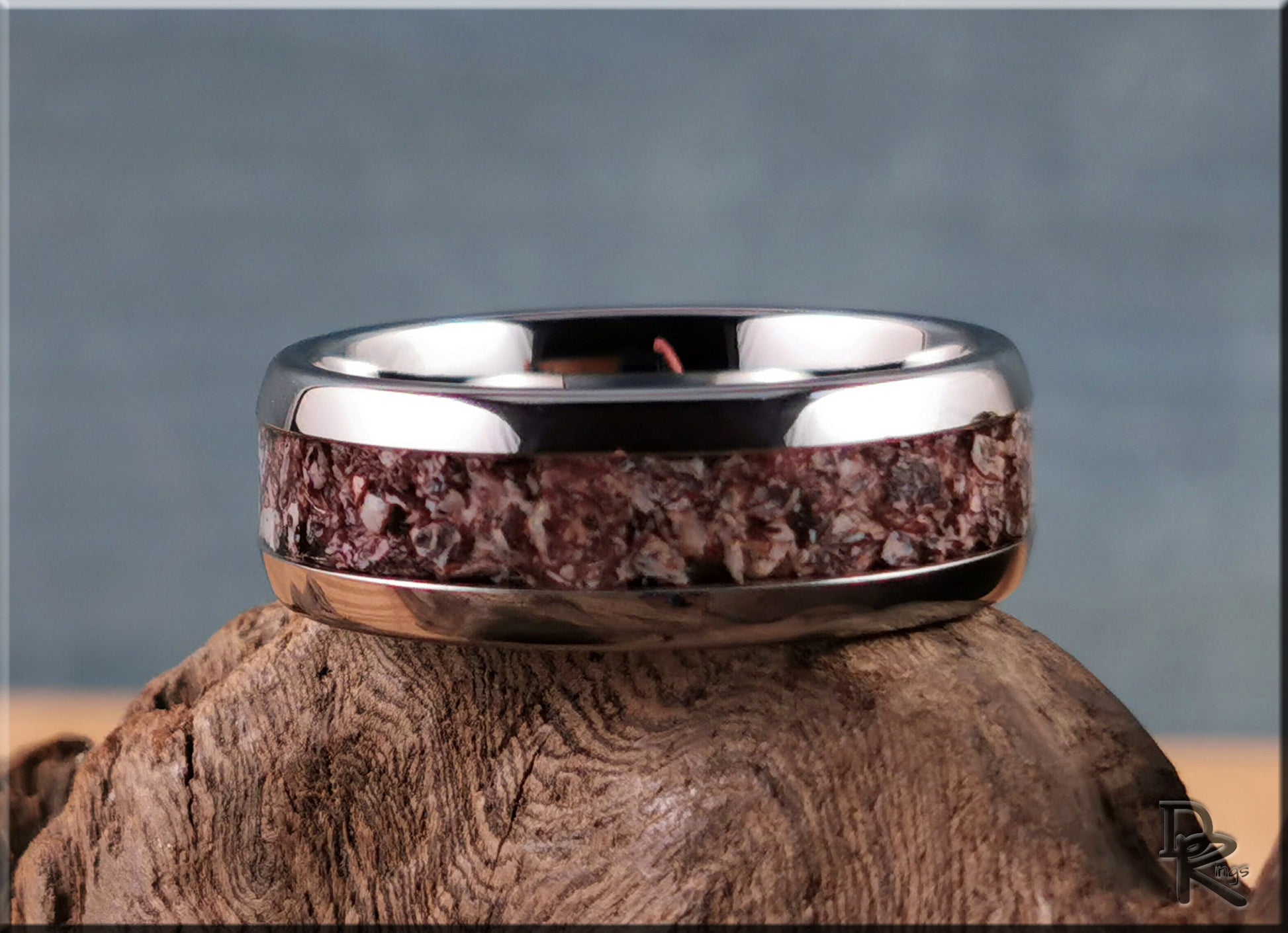 Domed Edge Tungsten Carbide Ring w/Fossilised Brontotherium Bone inlay - metal ring