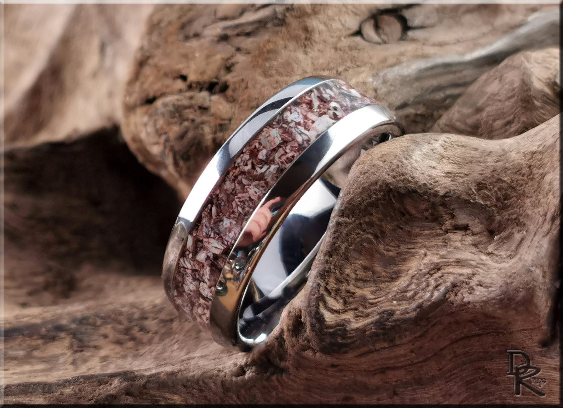 Domed Edge Tungsten Carbide Ring w/Fossilised Brontotherium Bone inlay - metal ring