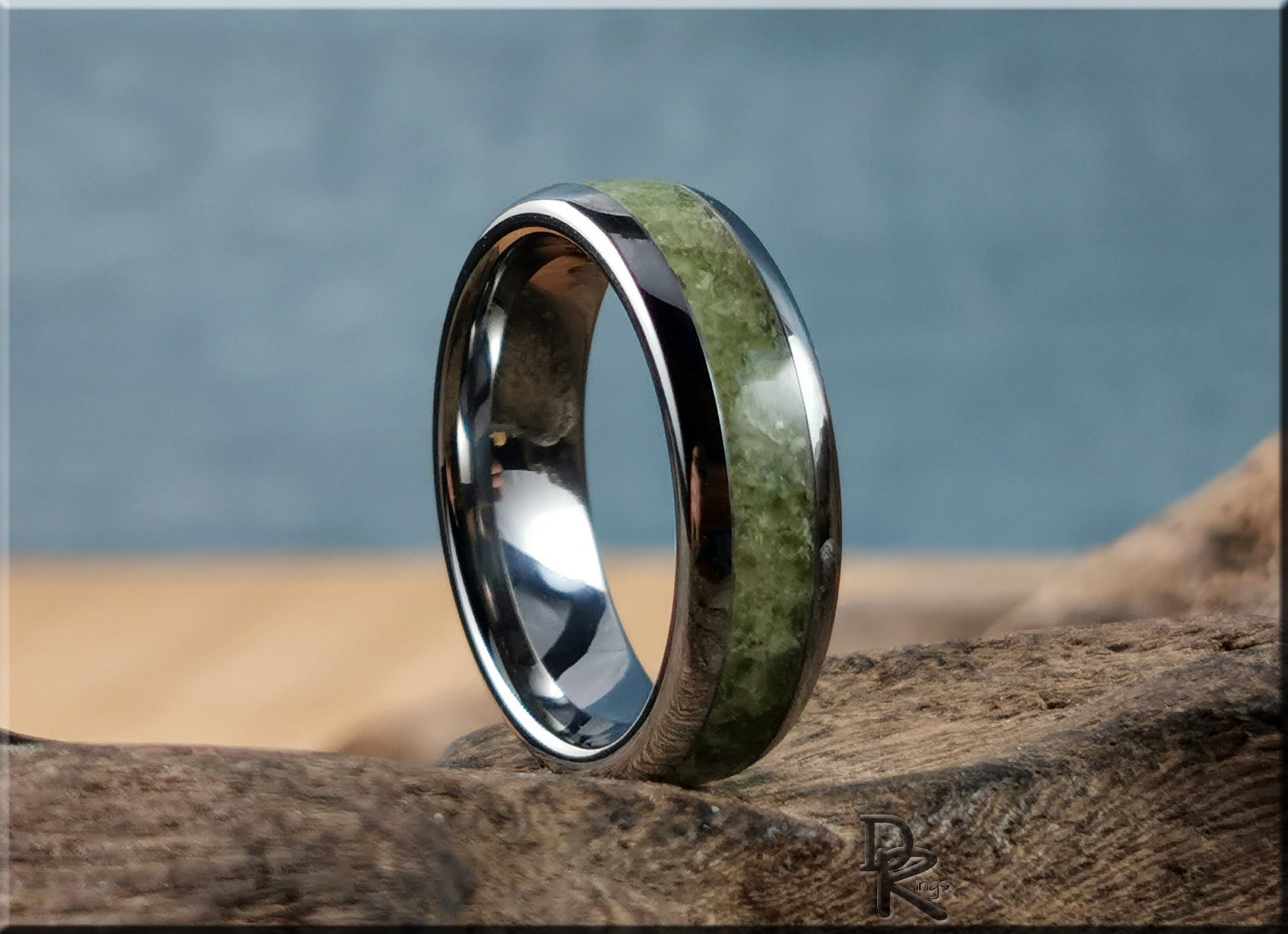 Domed Edge Tungsten Carbide Ring w/'Gemmy' Vesuvianite inlay - metal ring