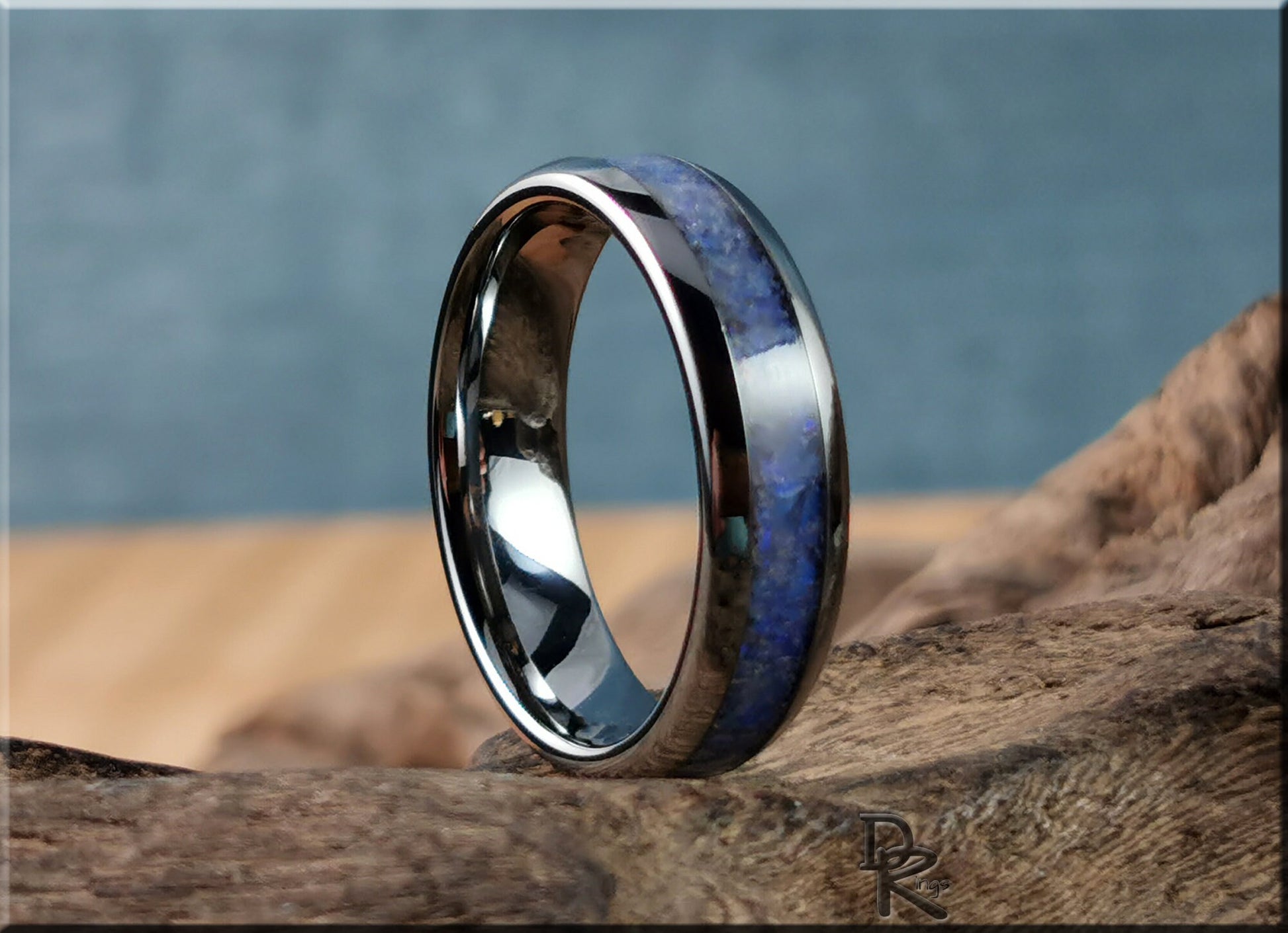 Domed Edge Tungsten Carbide Ring w/Genuine Australian Coober Pedy Opal inlay - metal ring