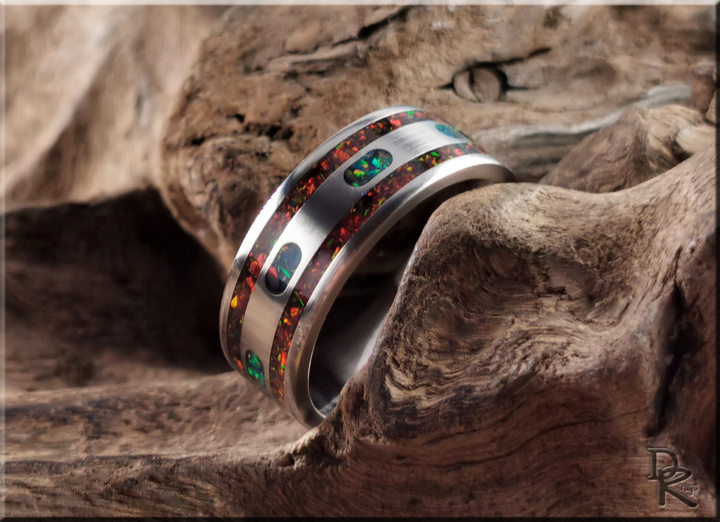 The 'Lined Ovals' Titanium Pattern Ring w/Dual Opal inlay - metal ring