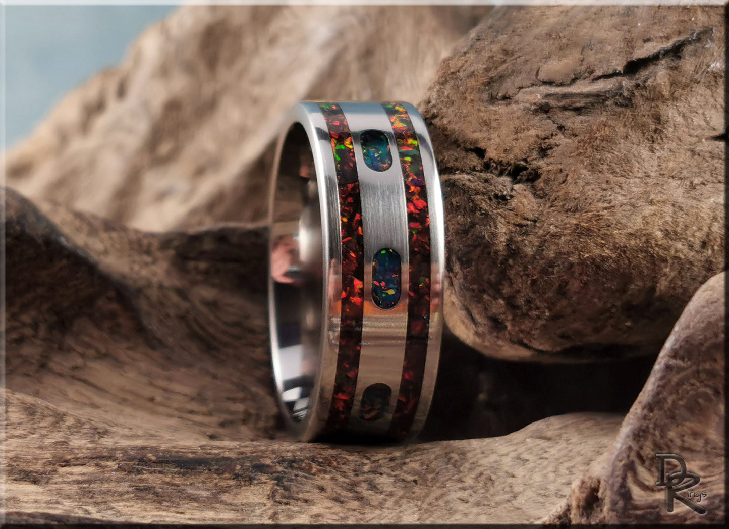 The 'Lined Ovals' Titanium Pattern Ring w/Dual Opal inlay - metal ring