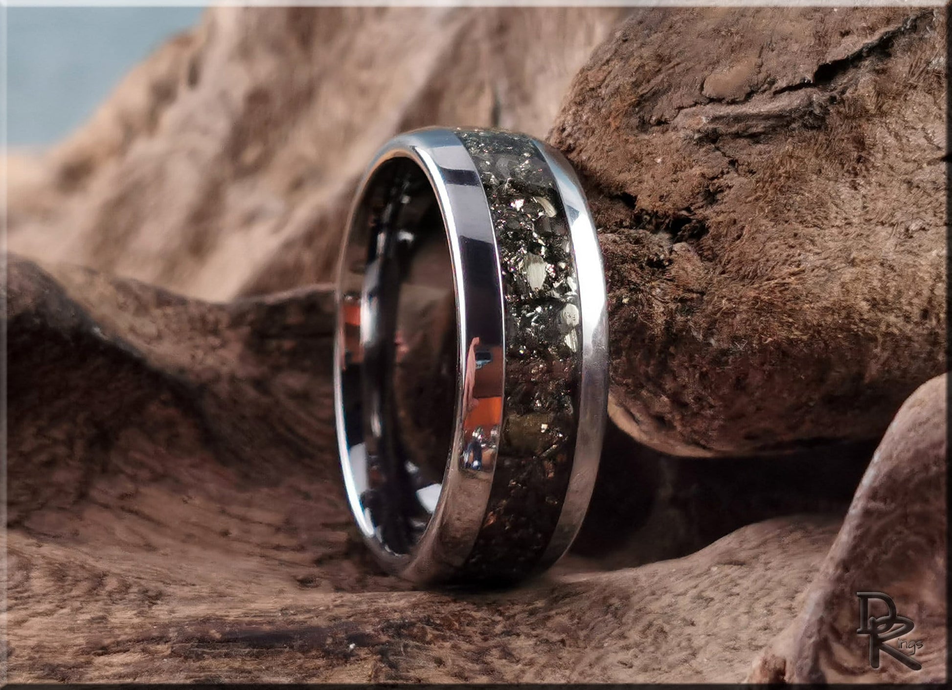 Domed Edge Tungsten Carbide Channel Ring w/Cocada Pyrite inlay - metal ring