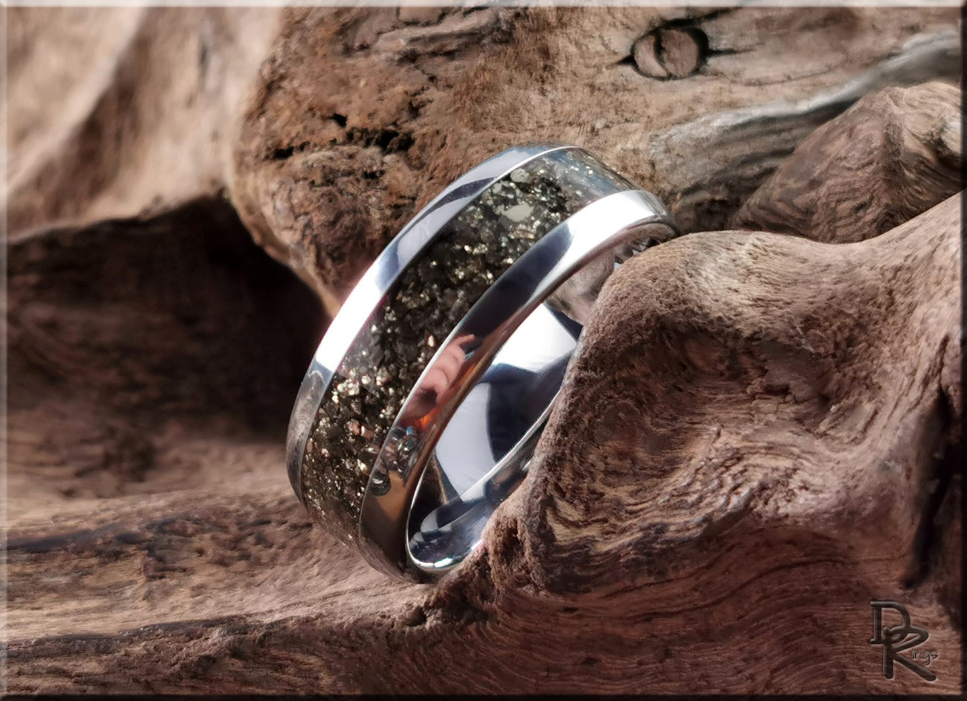 Domed Edge Tungsten Carbide Channel Ring w/Cocada Pyrite inlay - metal ring