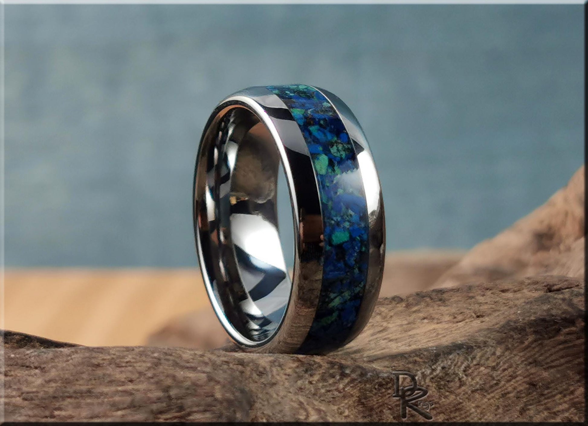 Domed Edge Tungsten Carbide Ring w/Azurite and Malachite matrix inlay - metal ring