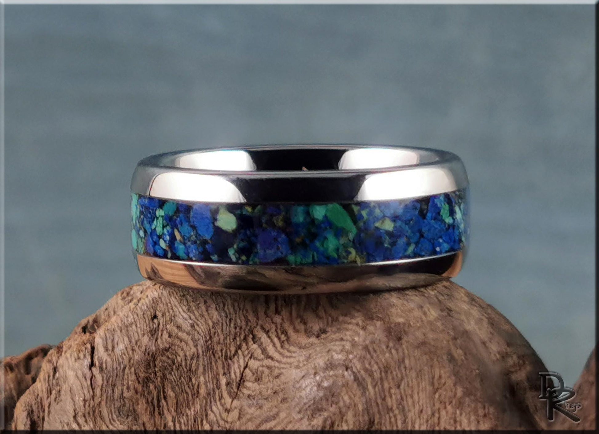 Domed Edge Tungsten Carbide Ring w/Azurite and Malachite matrix inlay - metal ring