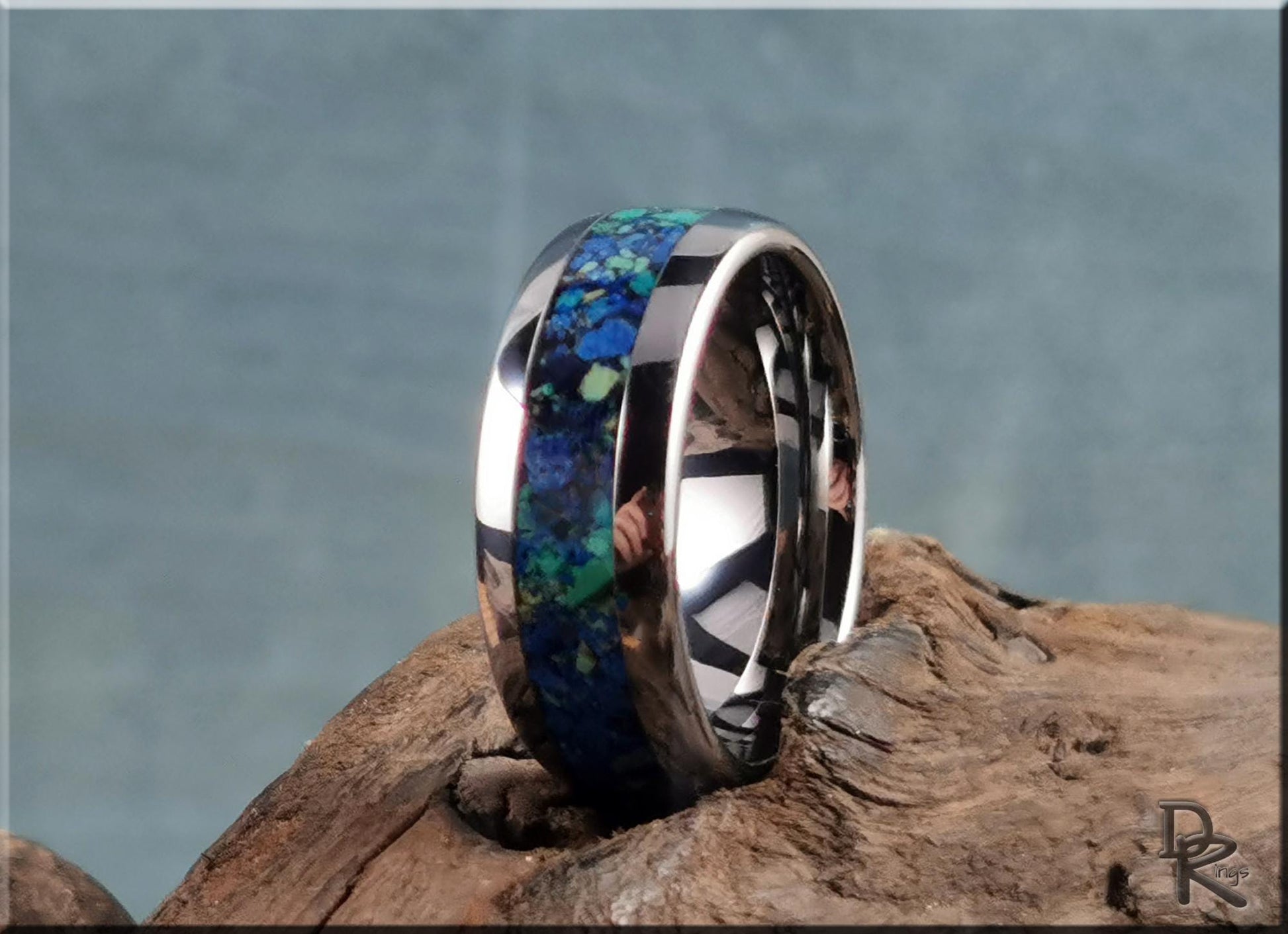 Domed Edge Tungsten Carbide Ring w/Azurite and Malachite matrix inlay - metal ring