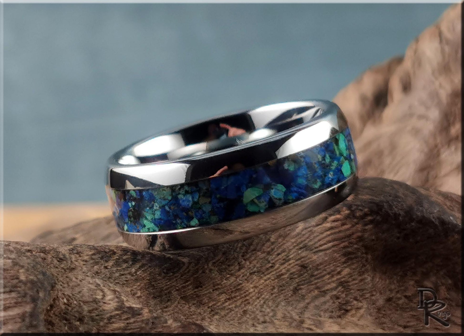 Domed Edge Tungsten Carbide Ring w/Azurite and Malachite matrix inlay - metal ring