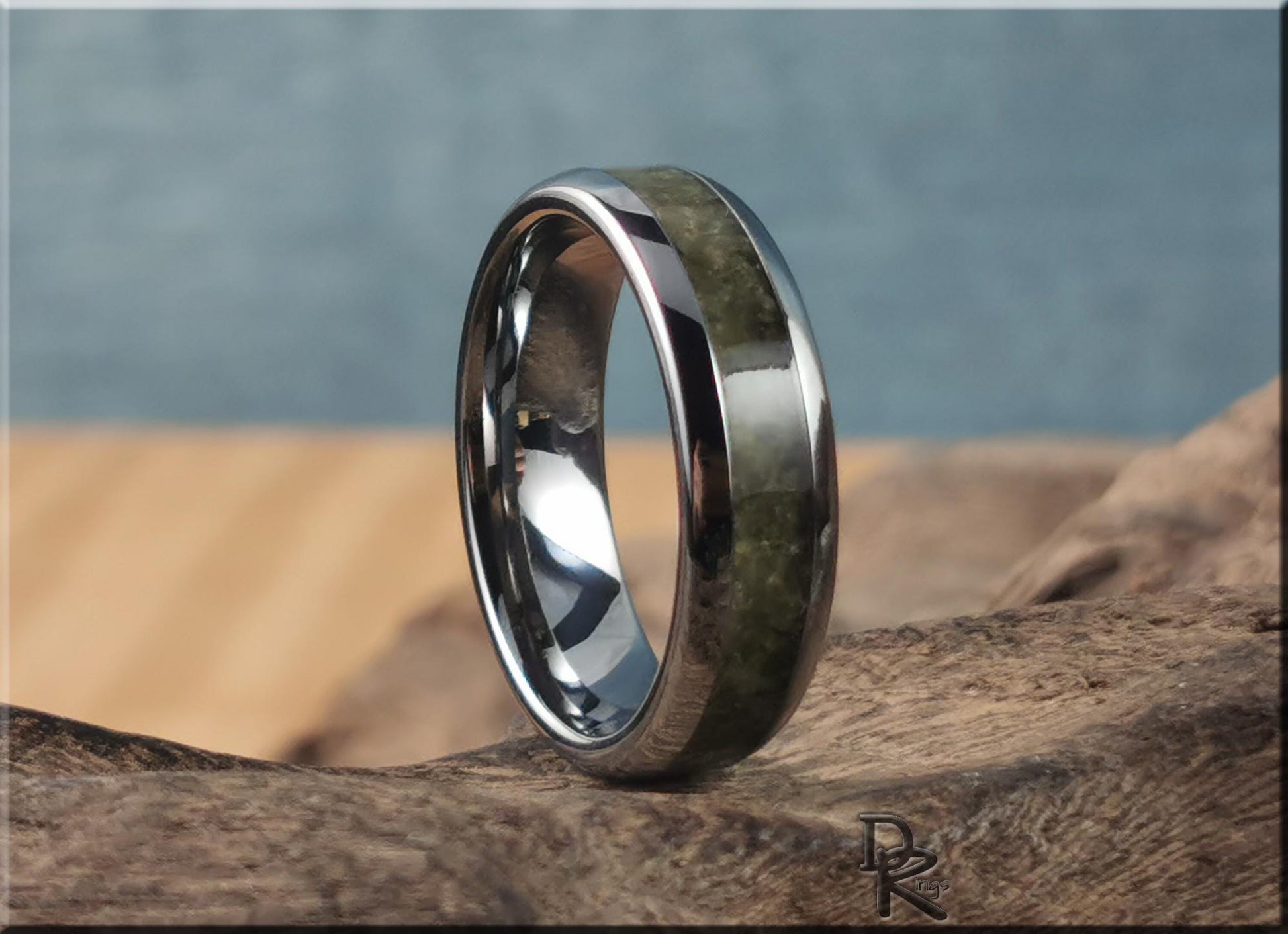 Domed Edge Tungsten Carbide Ring w/Mali Garnet (Grandite) inlay - metal ring