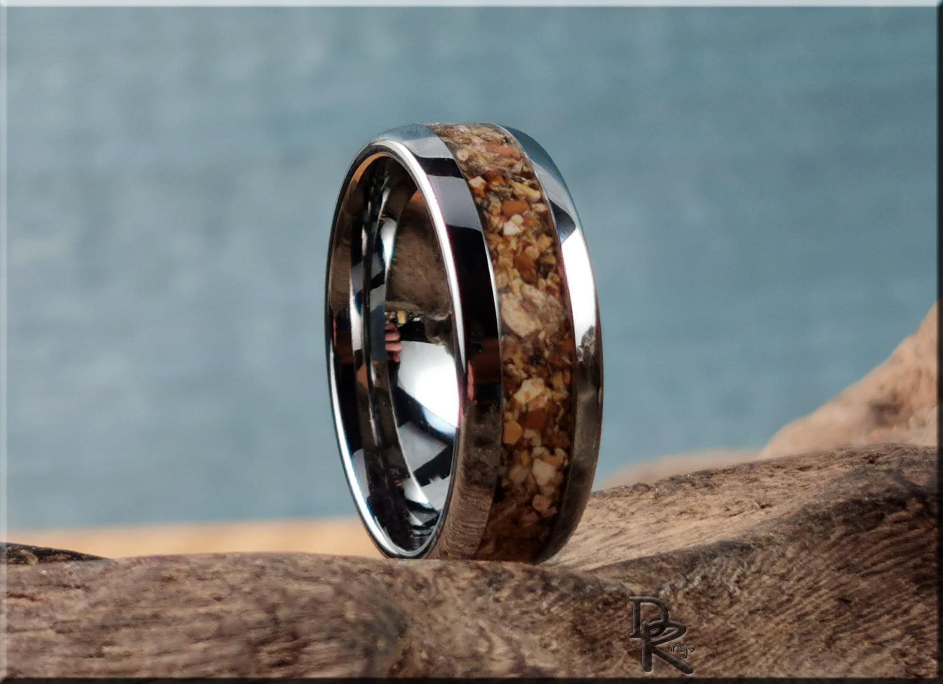 Domed Edge Tungsten Carbide Ring w/Picture Jasper inlay - metal ring