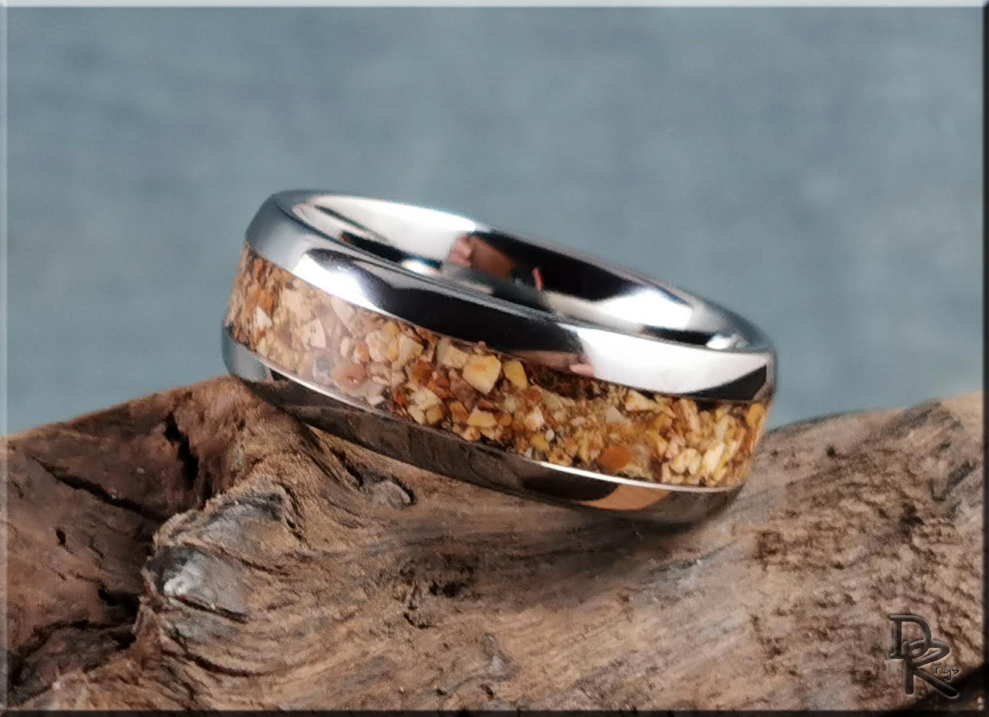 Domed Edge Tungsten Carbide Ring w/Picture Jasper inlay - metal ring