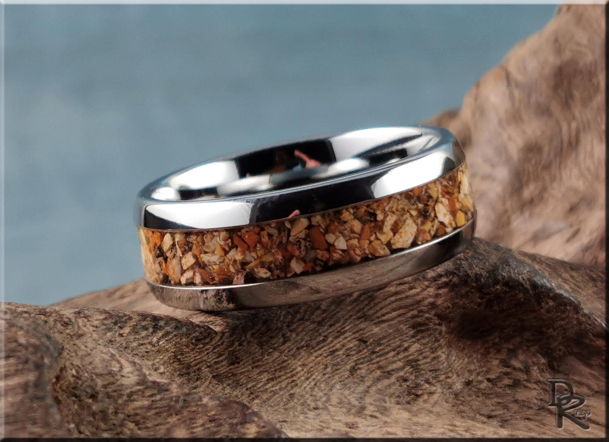 Domed Edge Tungsten Carbide Ring w/Picture Jasper inlay - metal ring