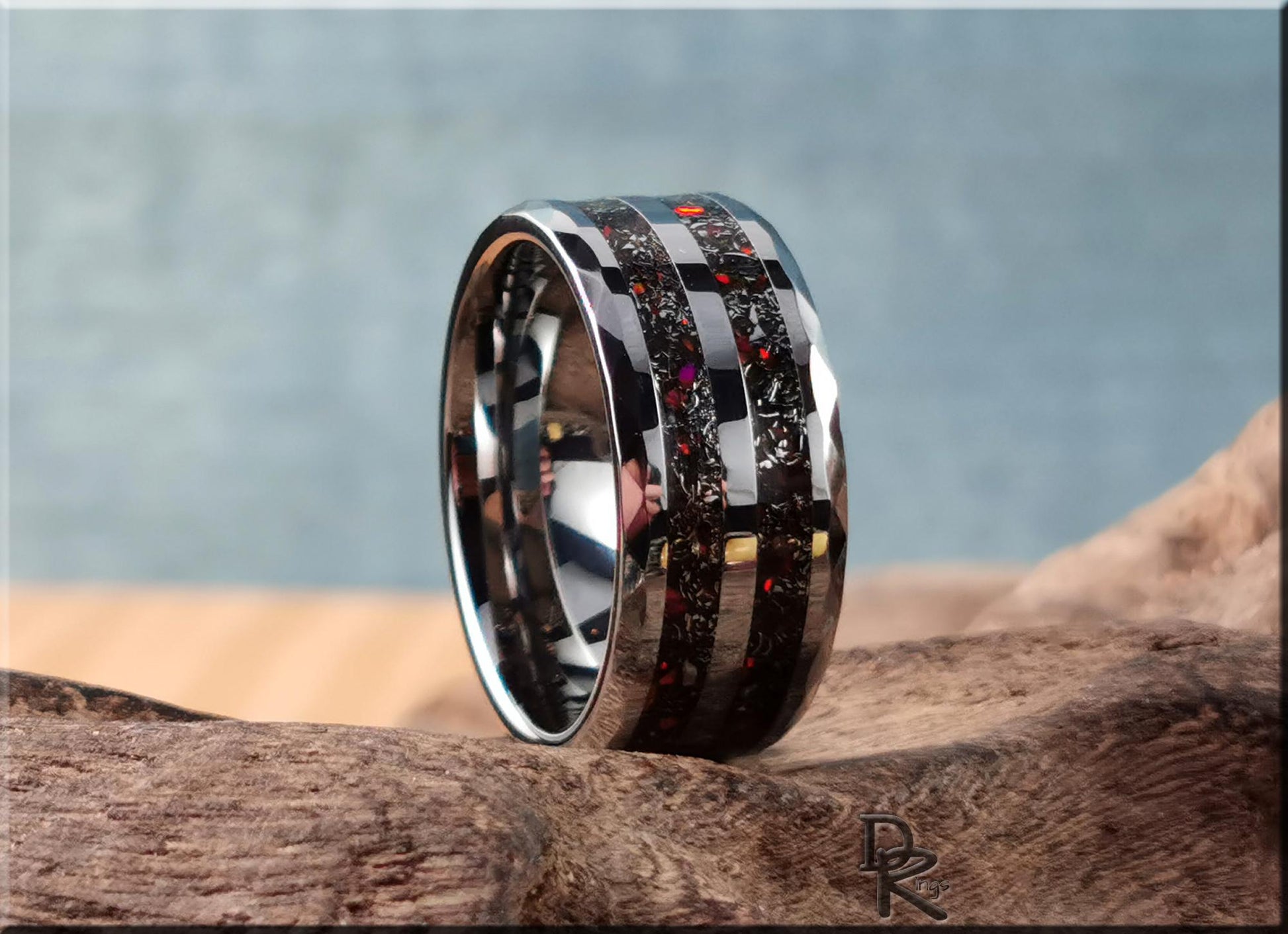 Hammered 10mm Tungsten Carbide Dual Channel Ring w/Meteorite and Opal inlays - metal ring