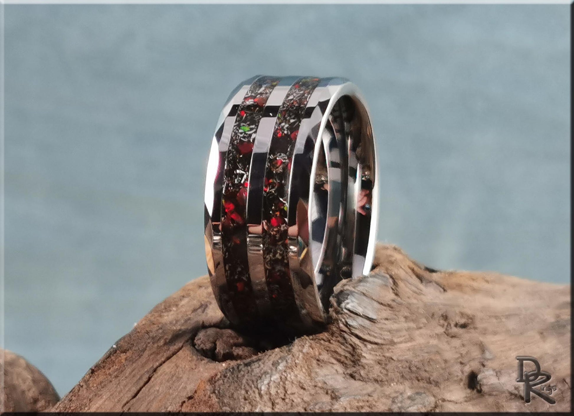 Hammered 10mm Tungsten Carbide Dual Channel Ring w/Meteorite and Opal inlays - metal ring