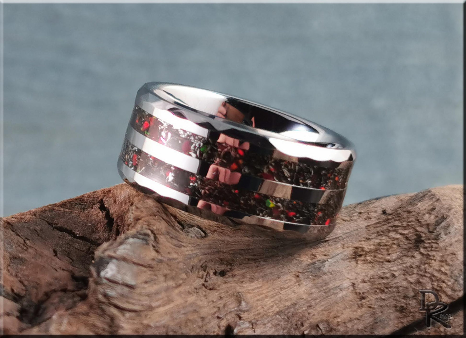 Hammered 10mm Tungsten Carbide Dual Channel Ring w/Meteorite and Opal inlays - metal ring