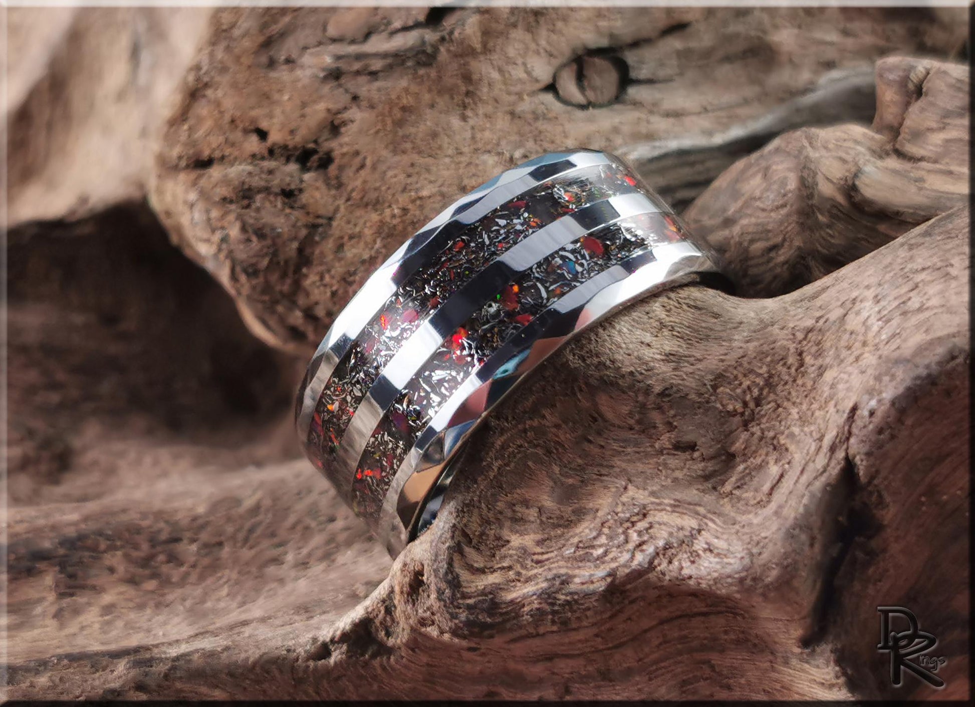 Hammered 10mm Tungsten Carbide Dual Channel Ring w/Meteorite and Opal inlays - metal ring