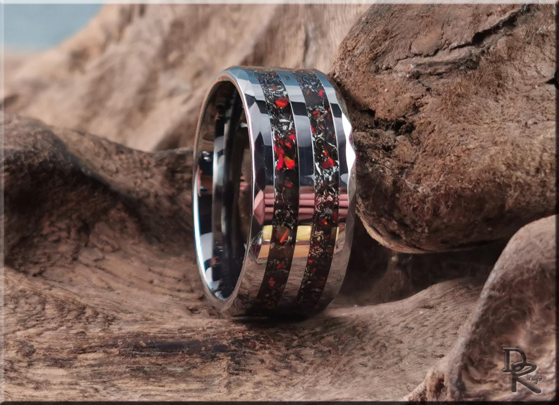 Hammered 10mm Tungsten Carbide Dual Channel Ring w/Meteorite and Opal inlays - metal ring