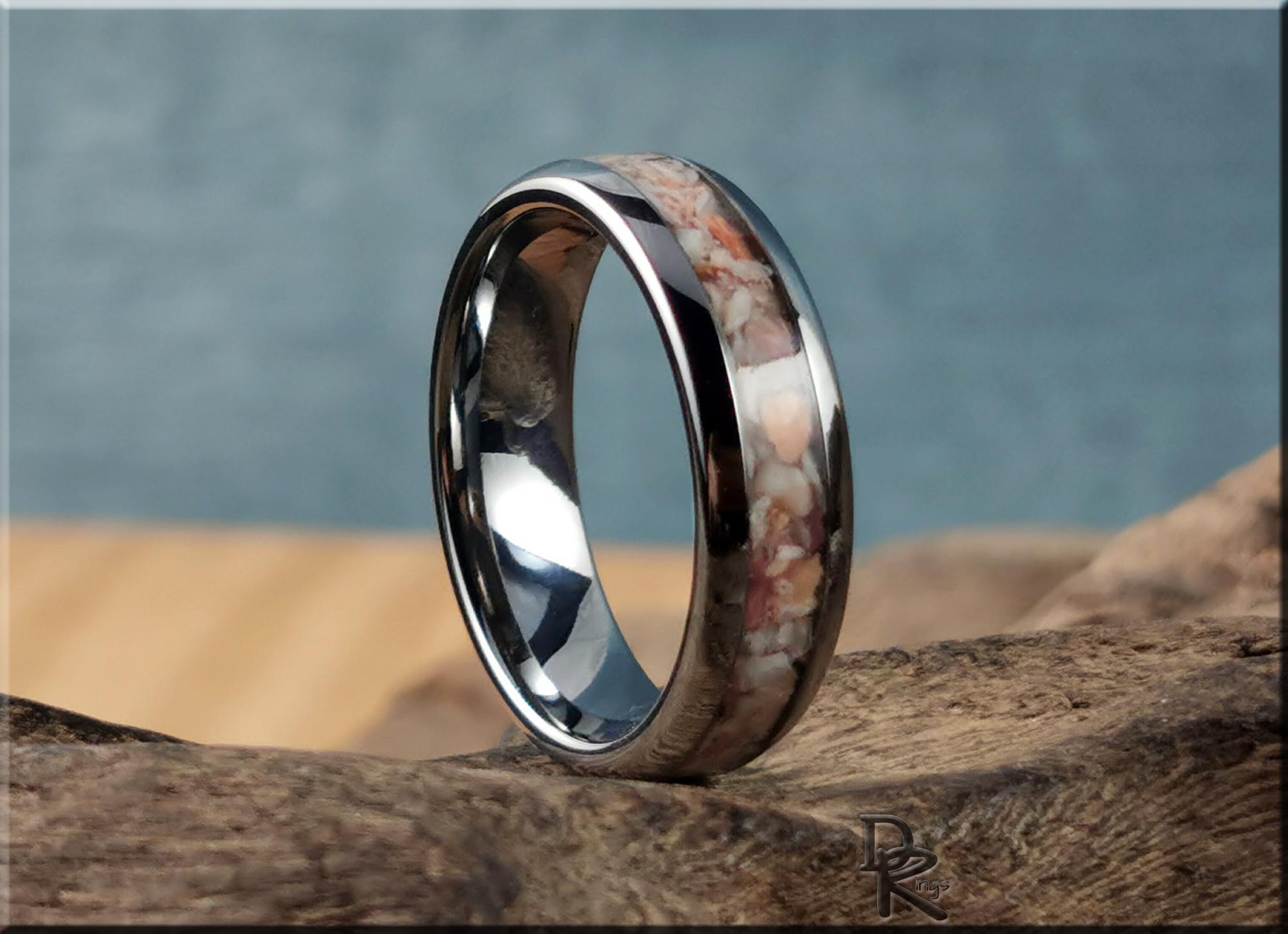 Domed Edge Tungsten Carbide Ring w/Lion's Paw Shell inlay - metal ring