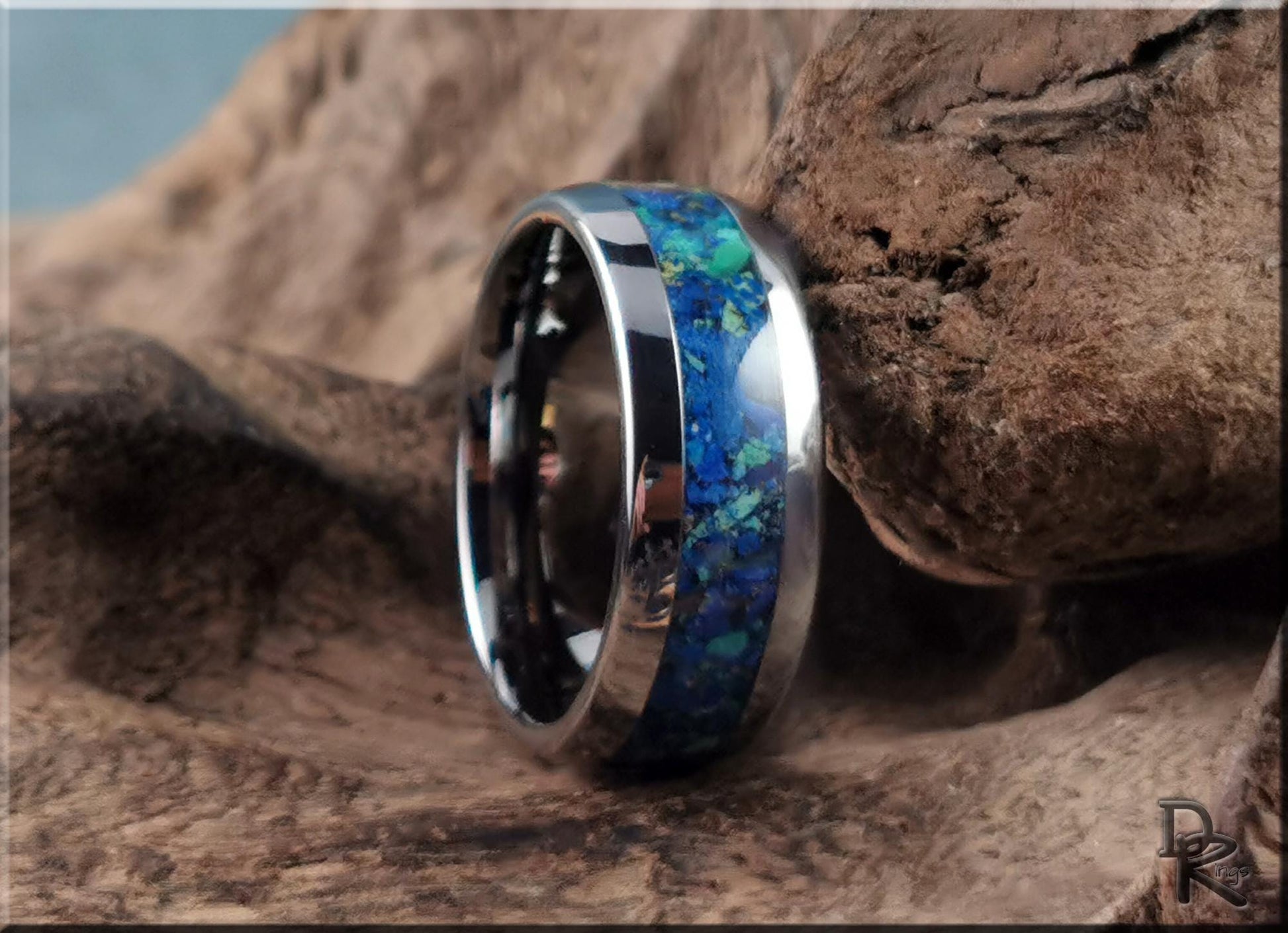 Domed Edge Tungsten Carbide Ring w/Azurite and Malachite matrix inlay - metal ring