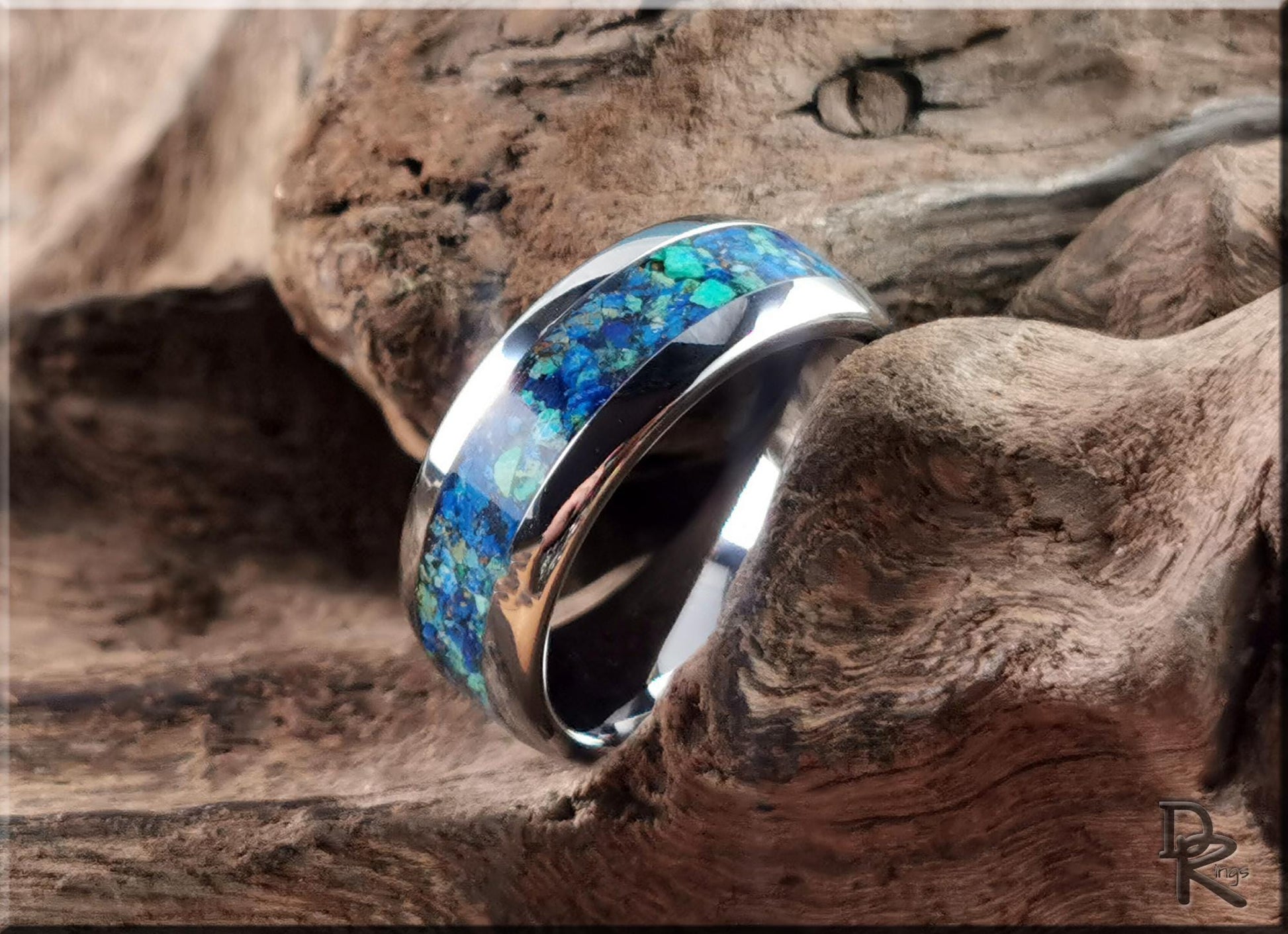 Domed Edge Tungsten Carbide Ring w/Azurite and Malachite matrix inlay - metal ring