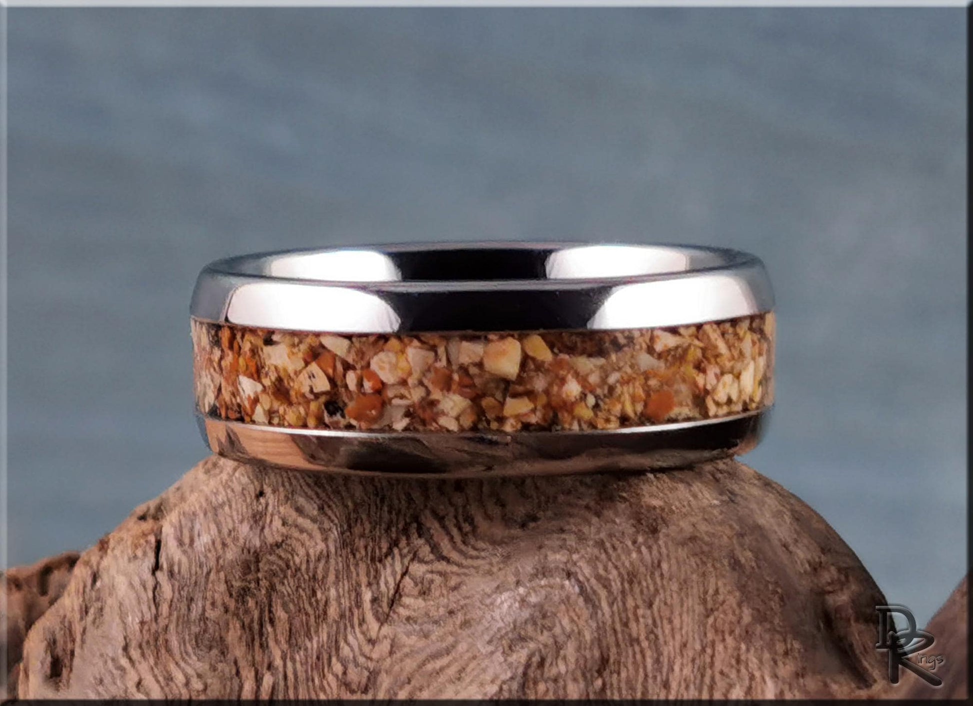 Domed Edge Tungsten Carbide Ring w/Picture Jasper inlay - metal ring