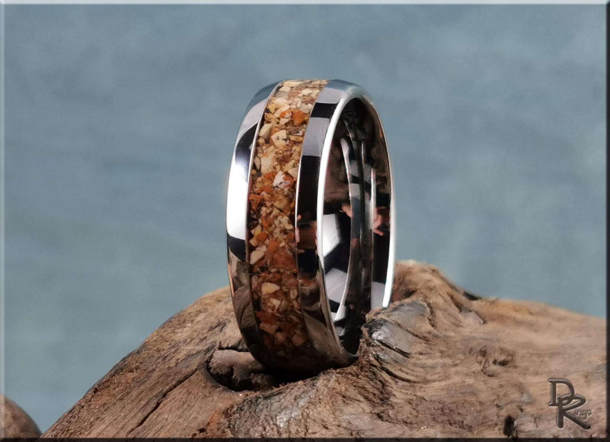 Domed Edge Tungsten Carbide Ring w/Picture Jasper inlay - metal ring
