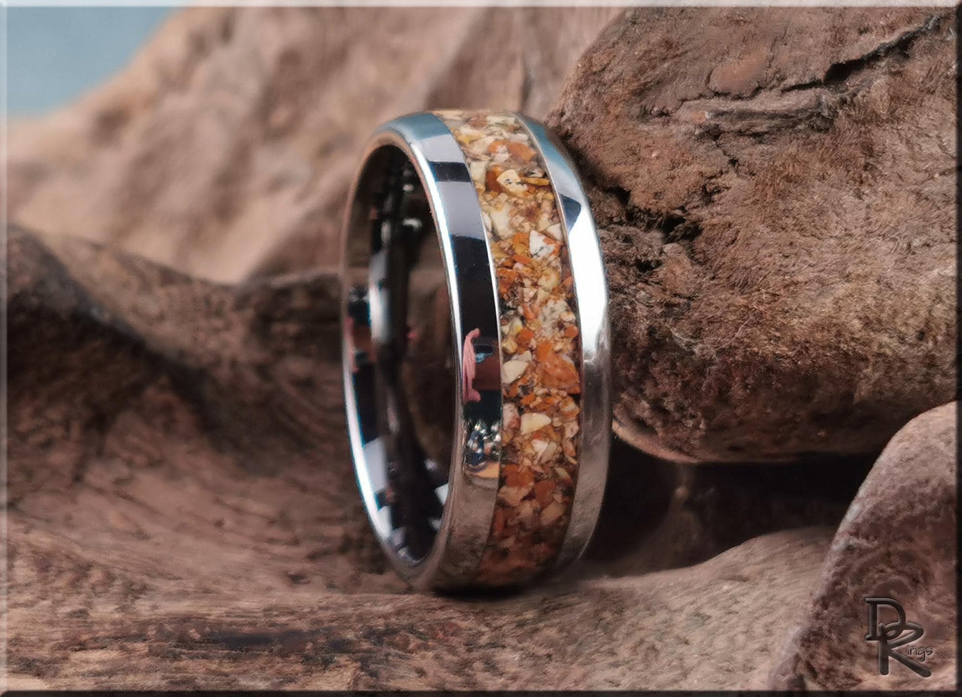 Domed Edge Tungsten Carbide Ring w/Picture Jasper inlay - metal ring