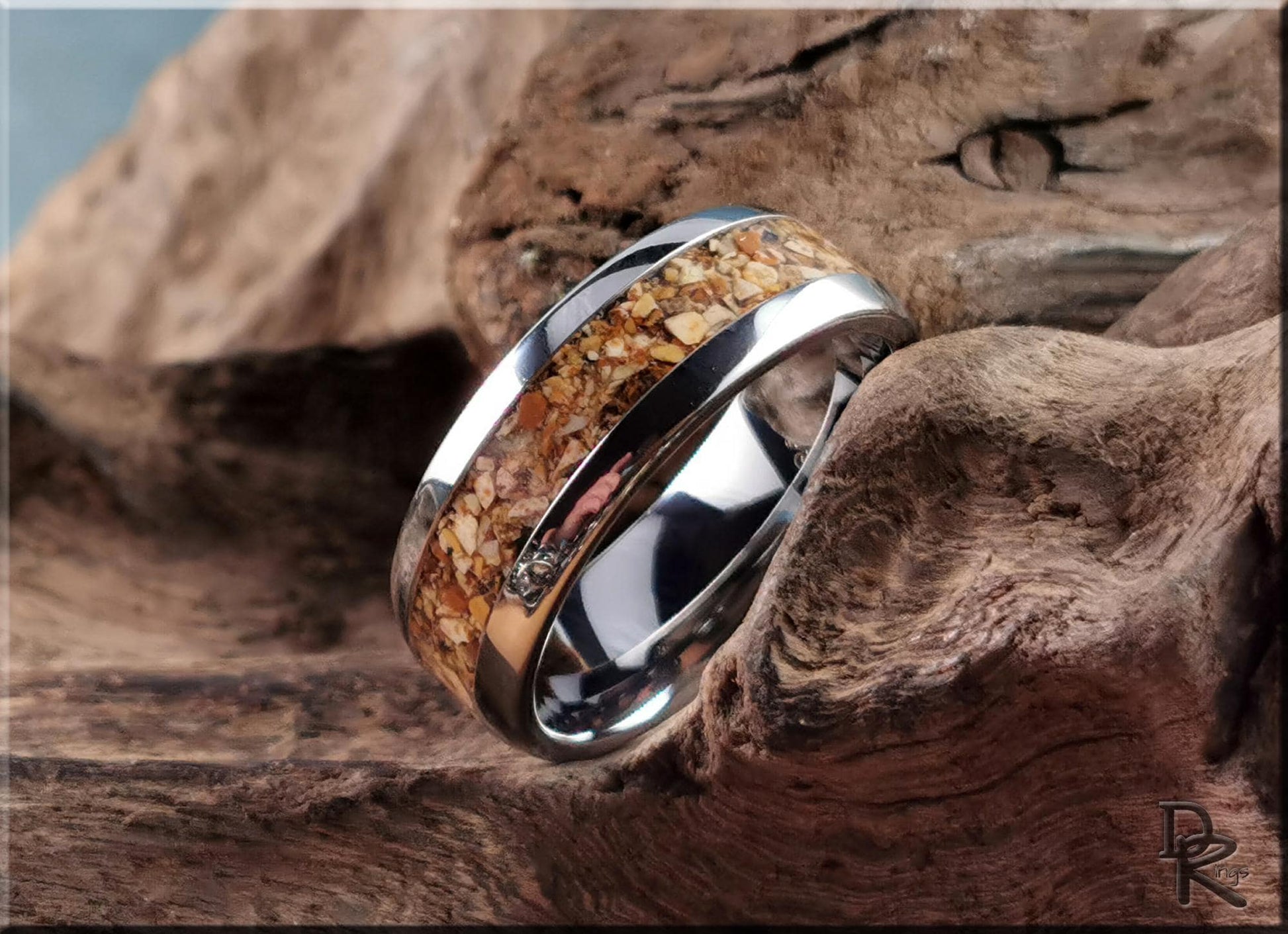 Domed Edge Tungsten Carbide Ring w/Picture Jasper inlay - metal ring