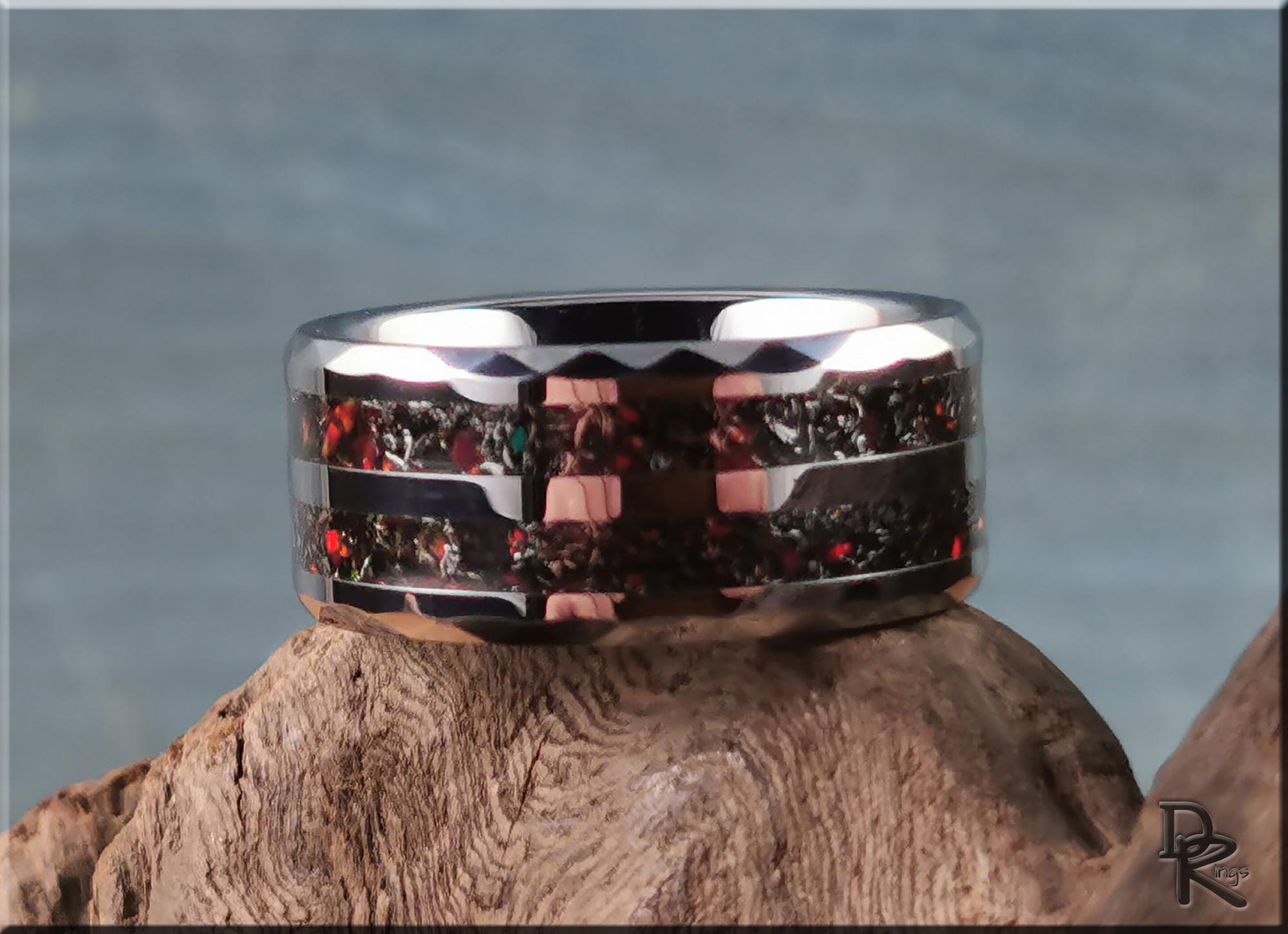 Hammered 10mm Tungsten Carbide Dual Channel Ring w/Meteorite and Opal inlays - metal ring