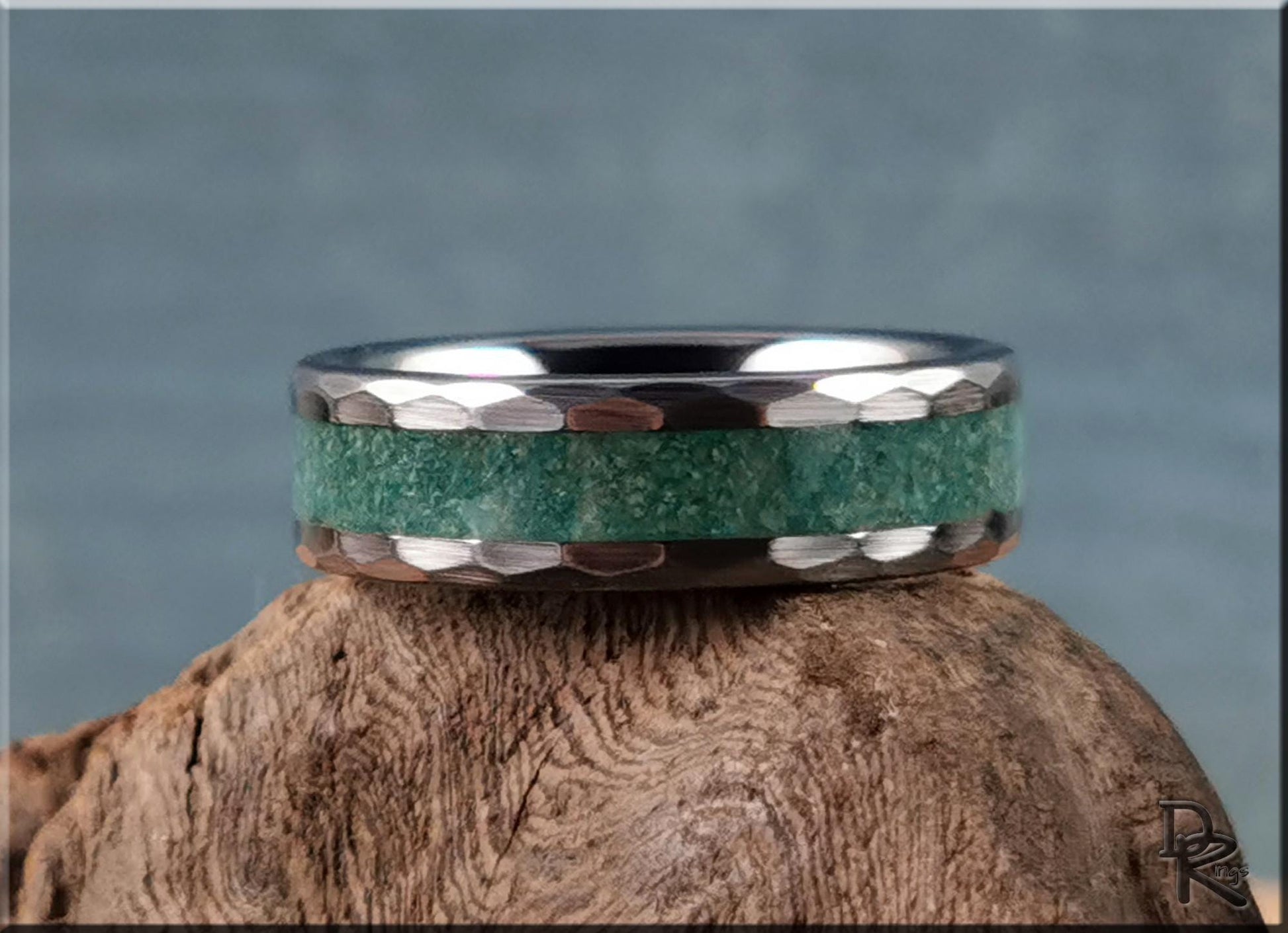Hammered Tungsten Carbide Channel Ring w/Amazonite inlay - metal ring