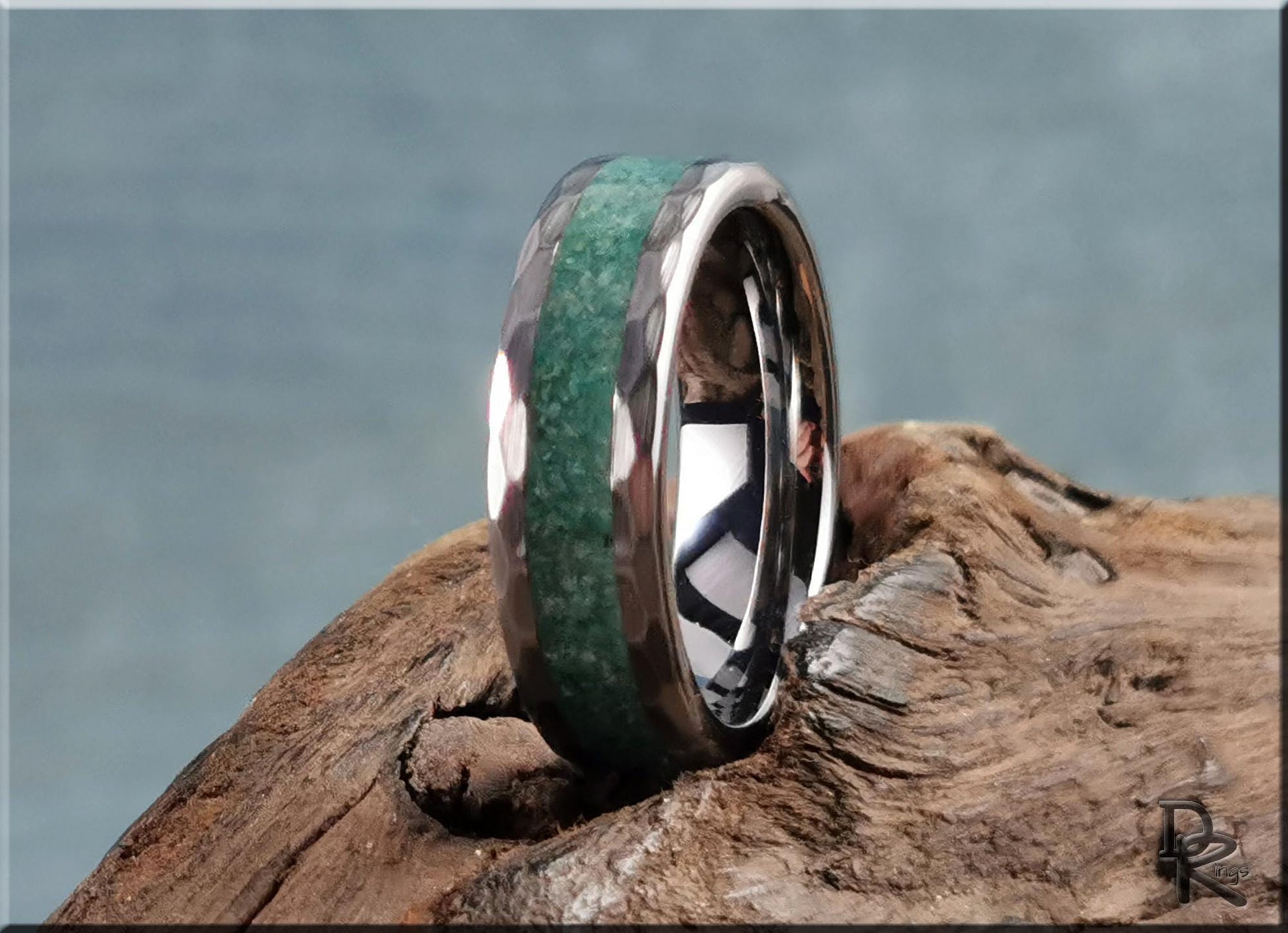 Hammered Tungsten Carbide Channel Ring w/Amazonite inlay - metal ring