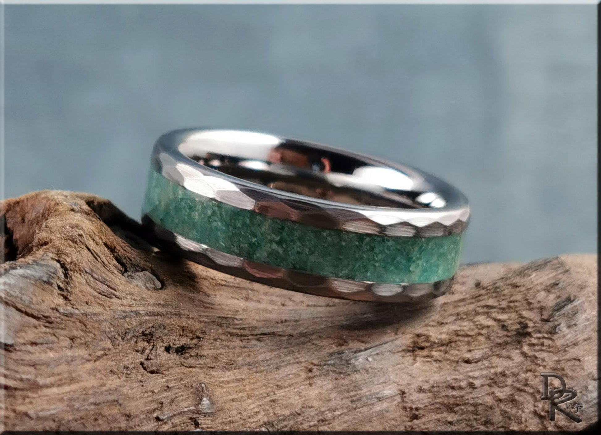 Hammered Tungsten Carbide Channel Ring w/Amazonite inlay - metal ring
