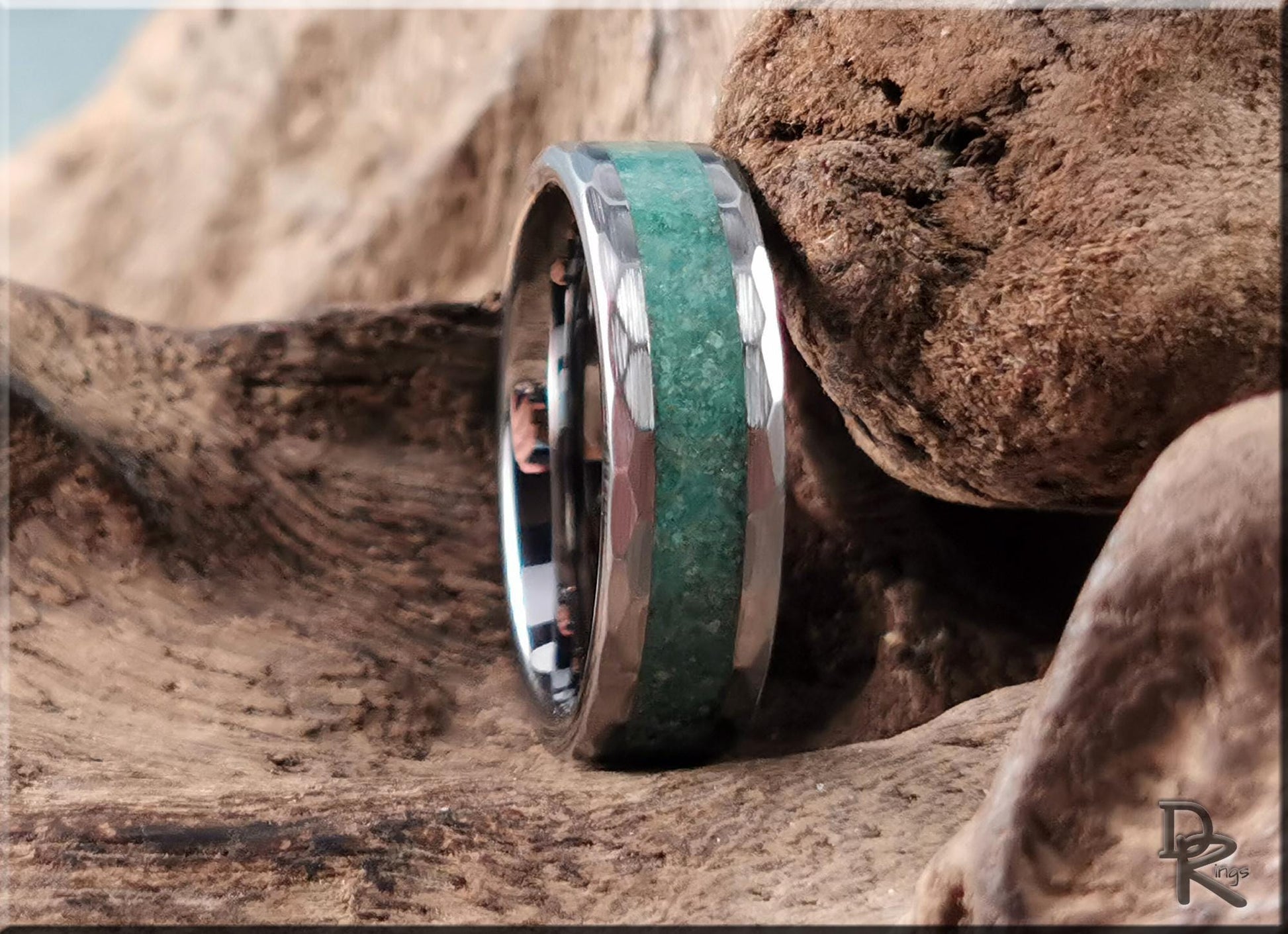 Hammered Tungsten Carbide Channel Ring w/Amazonite inlay - metal ring