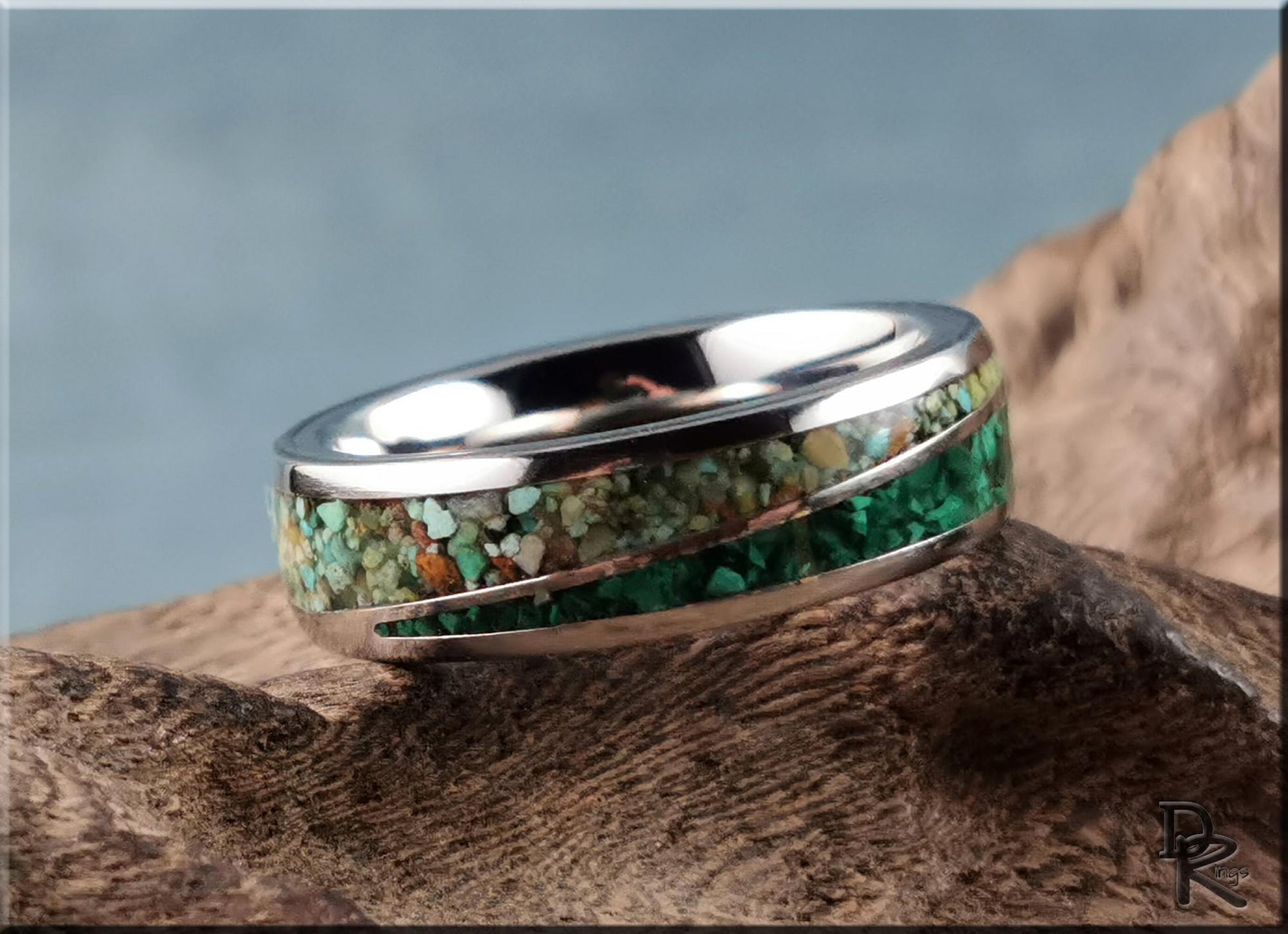 Titanium Twist Ring w/Malachite and Green Turquoise inlays - metal ring