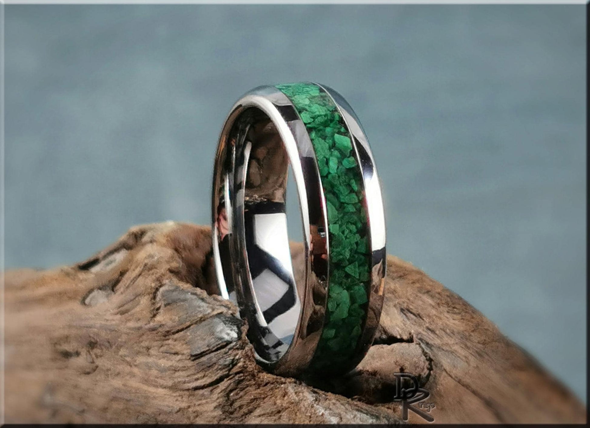 Domed Edge Tungsten Carbide Ring w/Green Malachite inlay - metal ring