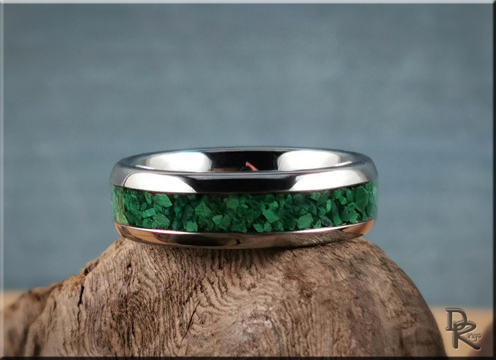 Domed Edge Tungsten Carbide Ring w/Green Malachite inlay - metal ring