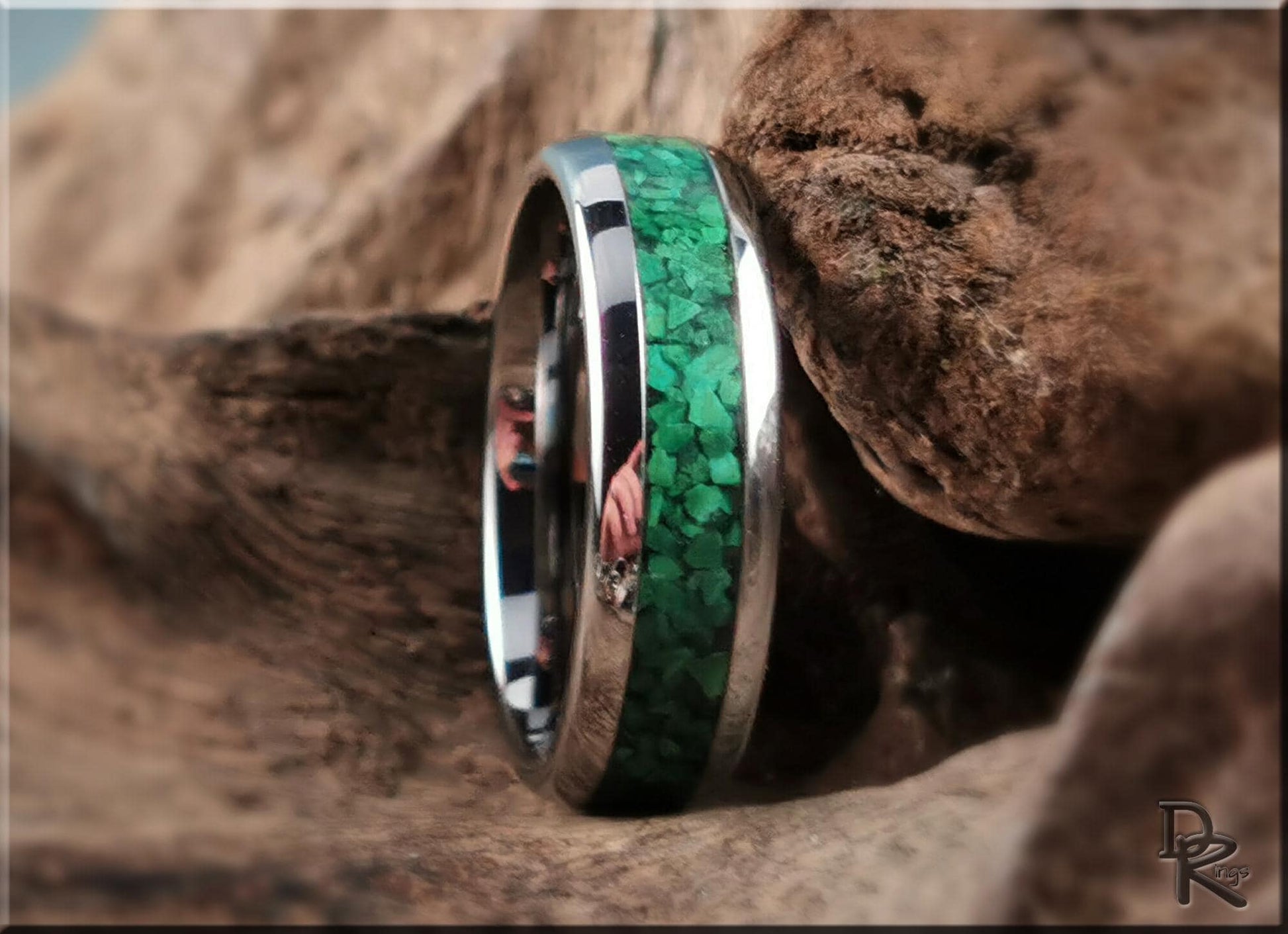 Domed Edge Tungsten Carbide Ring w/Green Malachite inlay - metal ring
