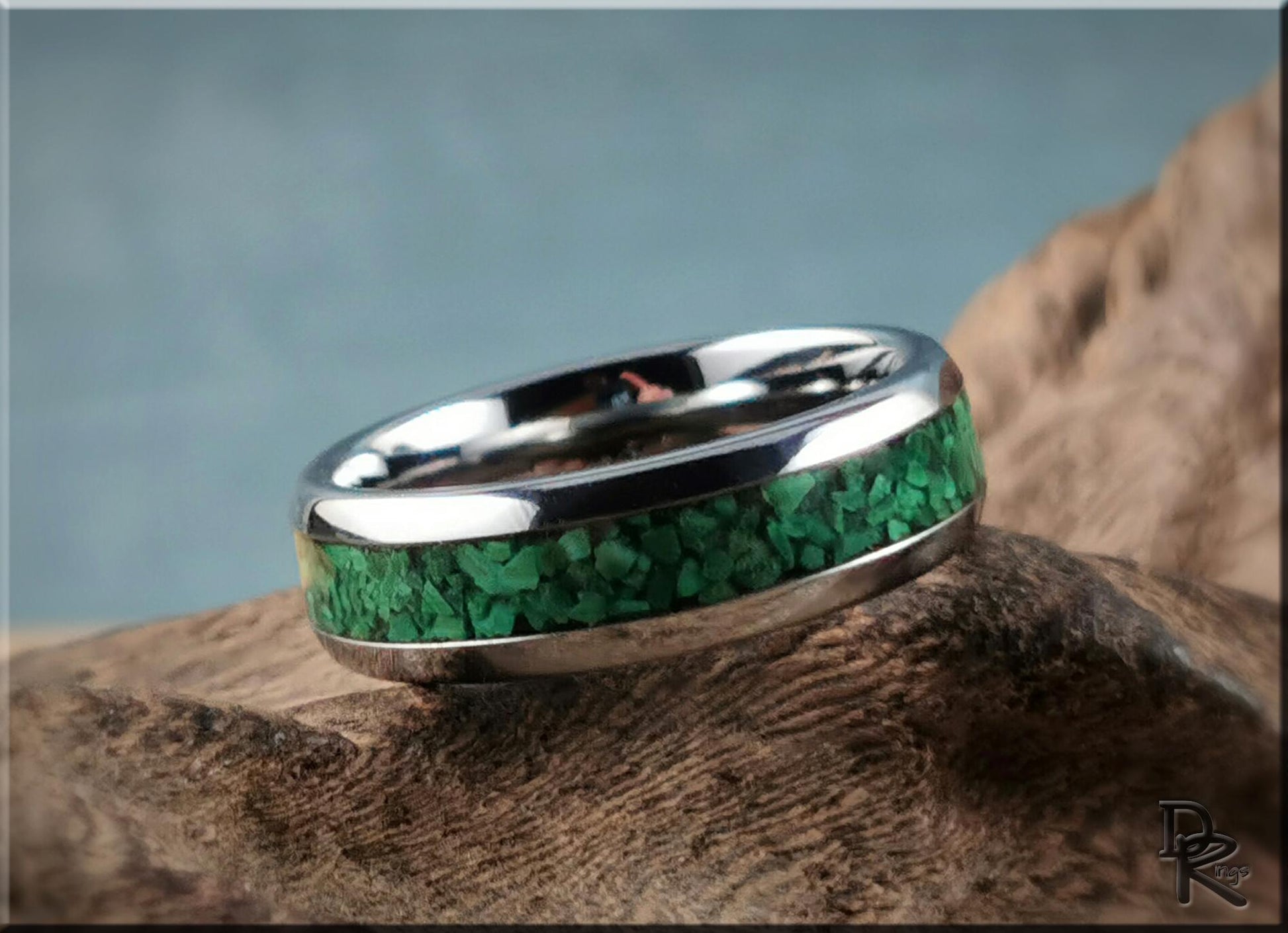 Domed Edge Tungsten Carbide Ring w/Green Malachite inlay - metal ring