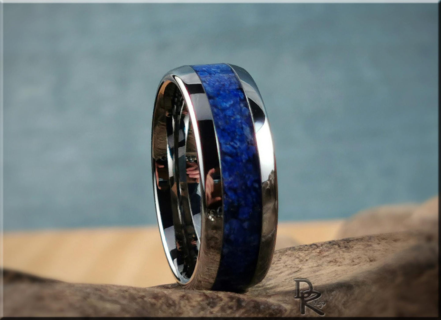 Domed Edge Tungsten Carbide Ring w/Lapis Lazuli inlay - metal ring