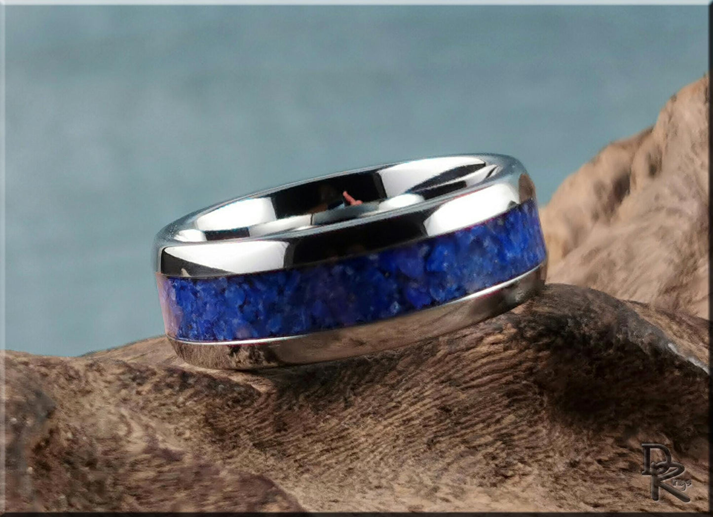 Domed Edge Tungsten Carbide Ring w/Lapis Lazuli inlay - metal ring