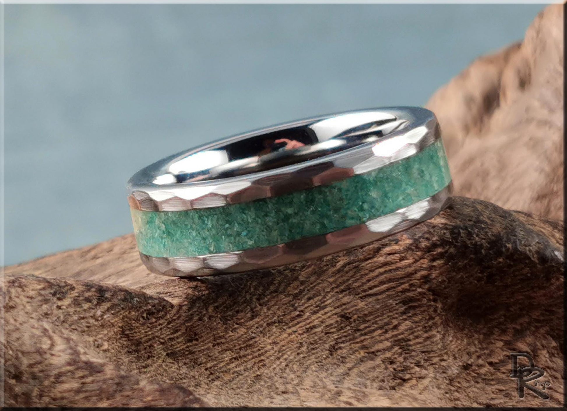Hammered Tungsten Carbide Channel Ring w/Amazonite inlay - metal ring