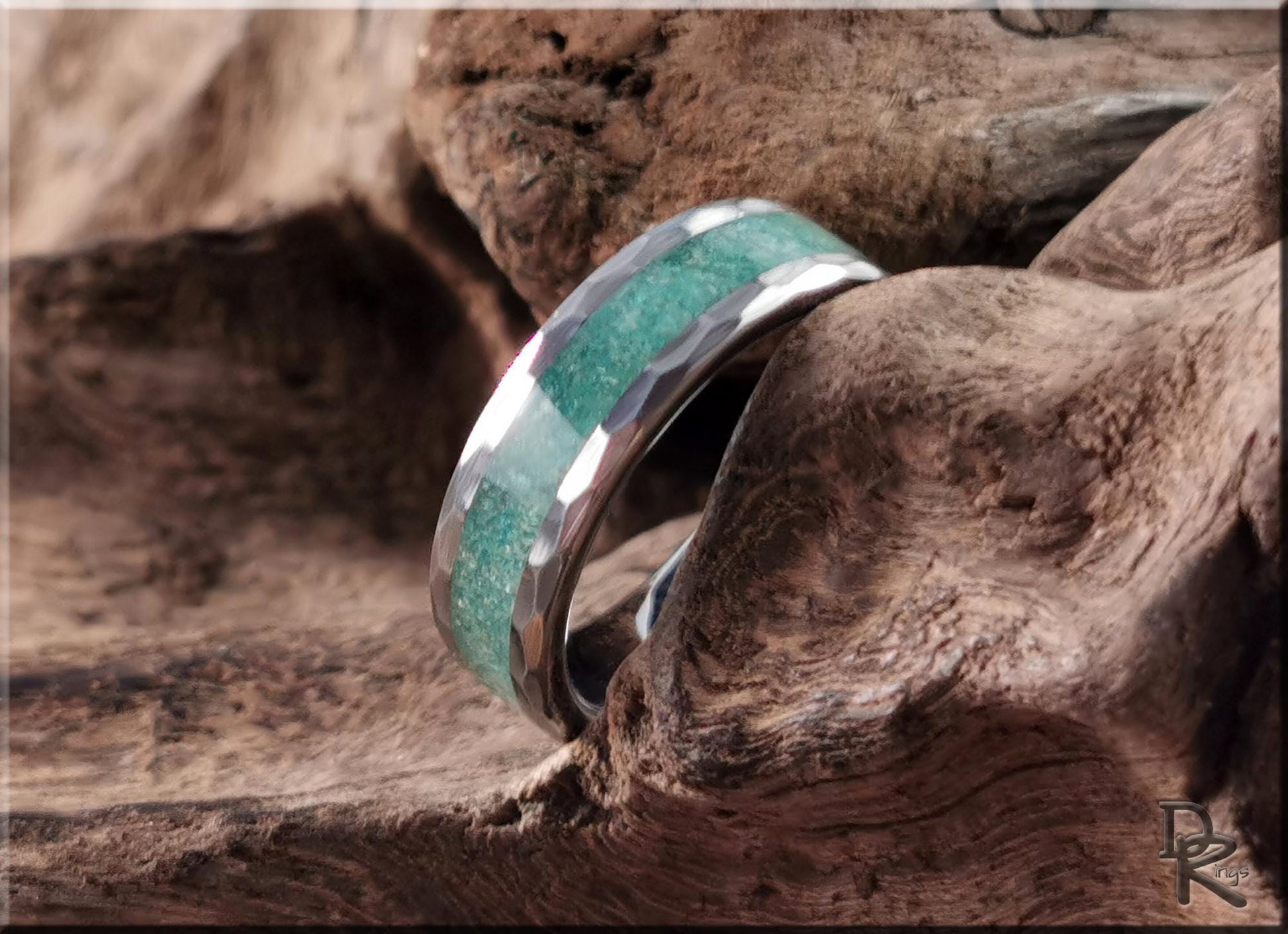 Hammered Tungsten Carbide Channel Ring w/Amazonite inlay - metal ring